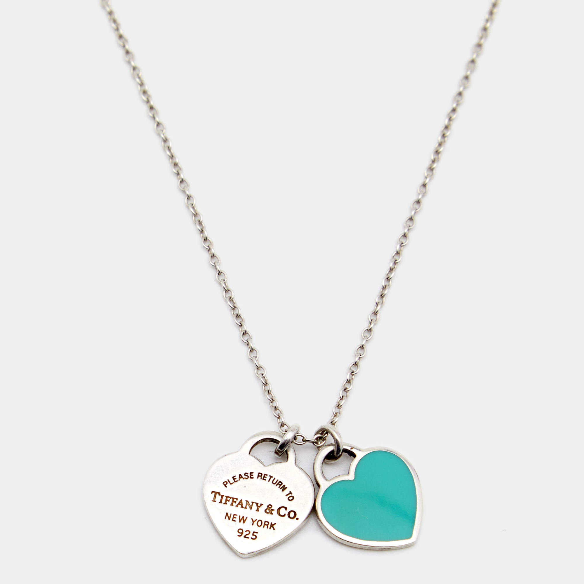 Pre Owned Tiffany & Co. Return To Tiffany Blue Enamel Double Heart Tag Pendant Necklace
