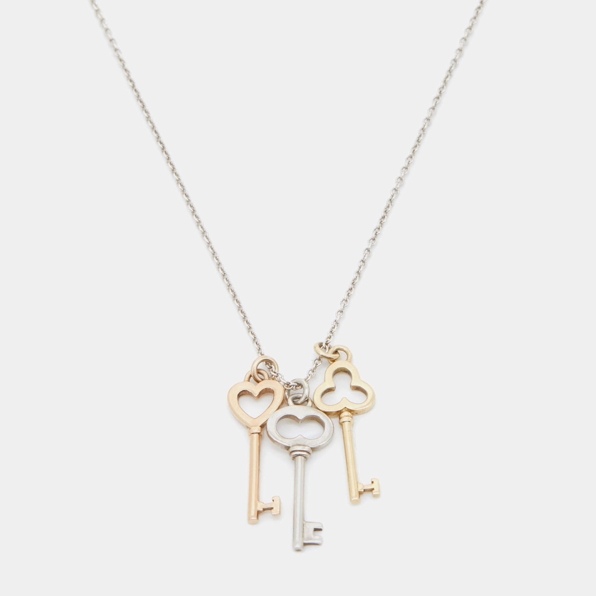 Pre Owned Tiffany & Co. Three Key 18K Two Tone Gold Sterling Silver Pendant Necklace