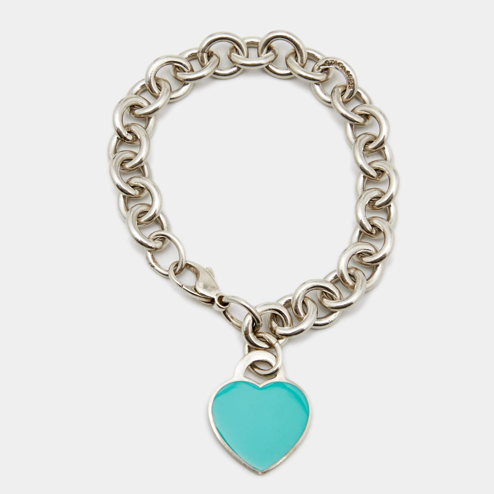 Pre Owned Tiffany & Co. Return To Tiffany Blue Enamel Heart Tag Sterling Silver Bracelet