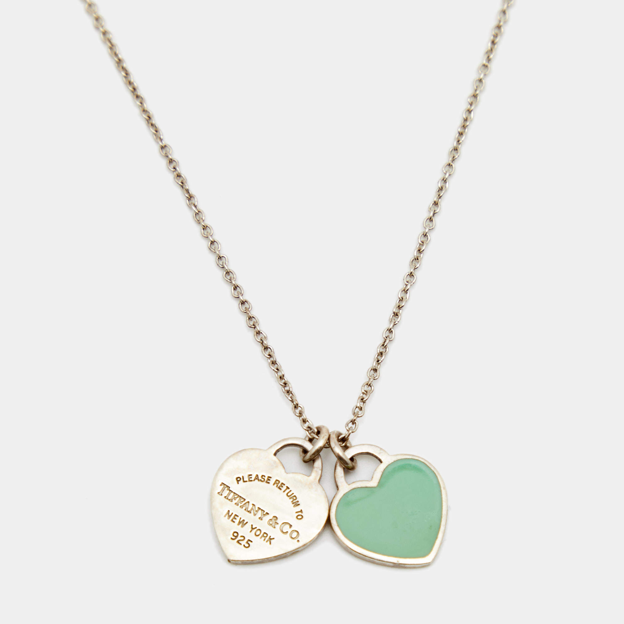 Pre Owned Tiffany & Co. Return to Tiffany Blue Enamel Sterling Silver Heart Tag Pendant Necklace