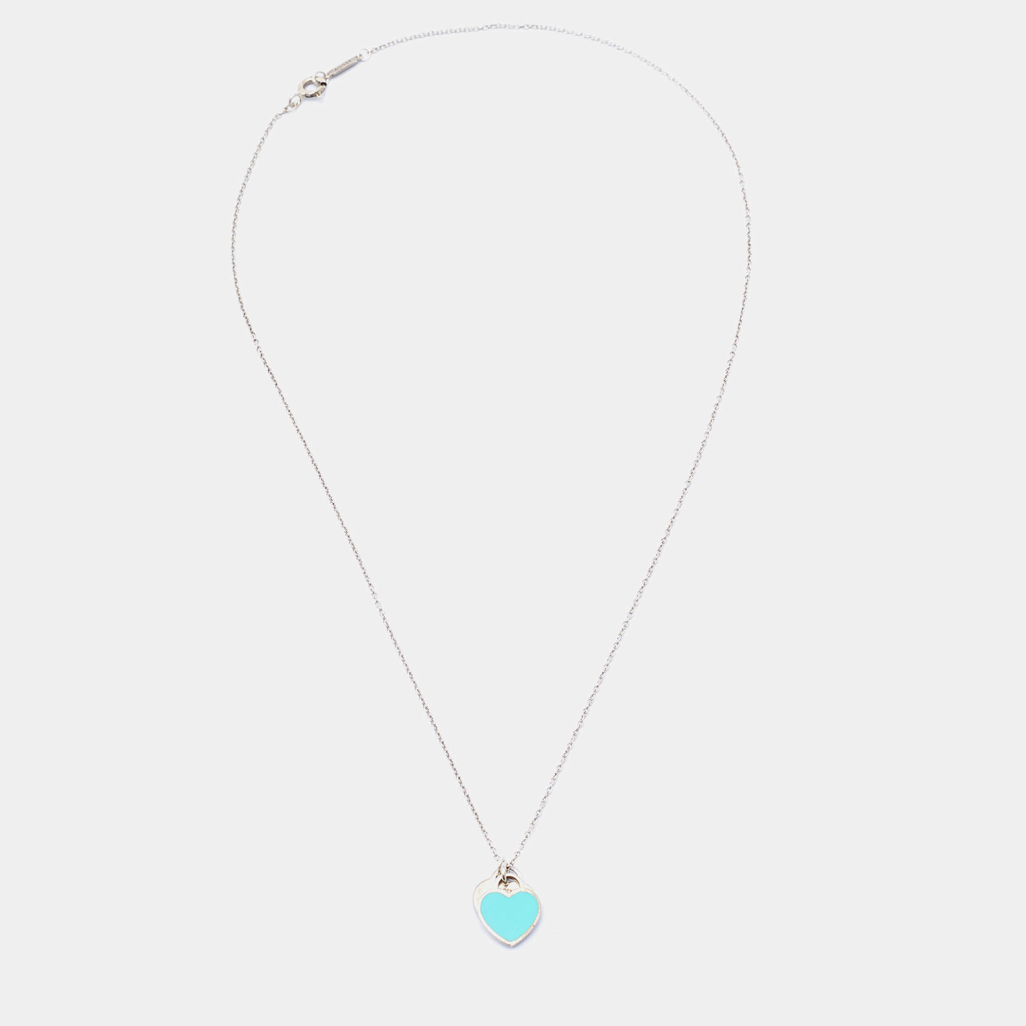 Pre Owned Tiffany & Co. Return to Tiffany Blue Enamel Sterling Silver Double Heart Tag Pendant Necklace