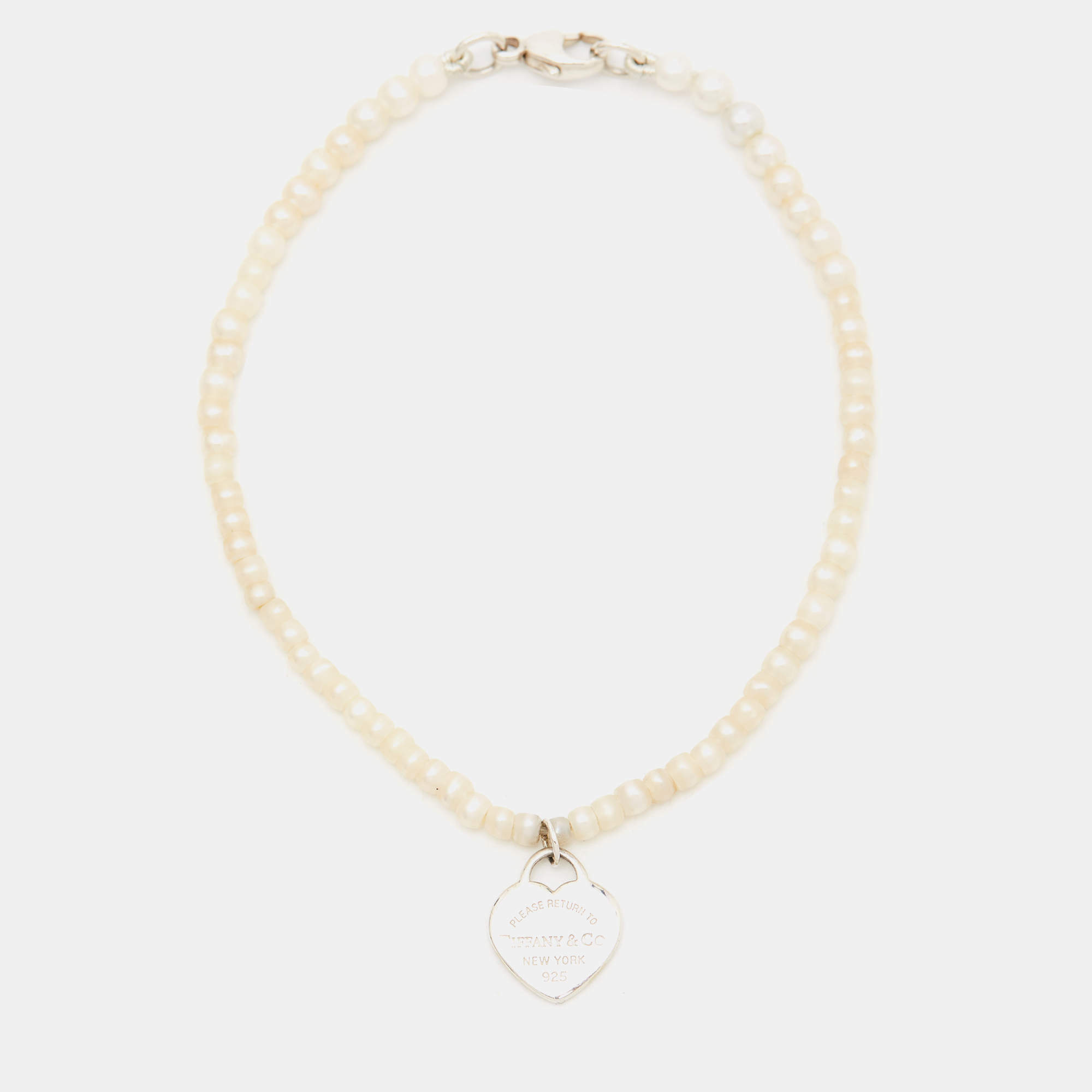 Pre Owned Tiffany & Co. Return To Tiffany Silver Heart Tag Pearl Bracelet