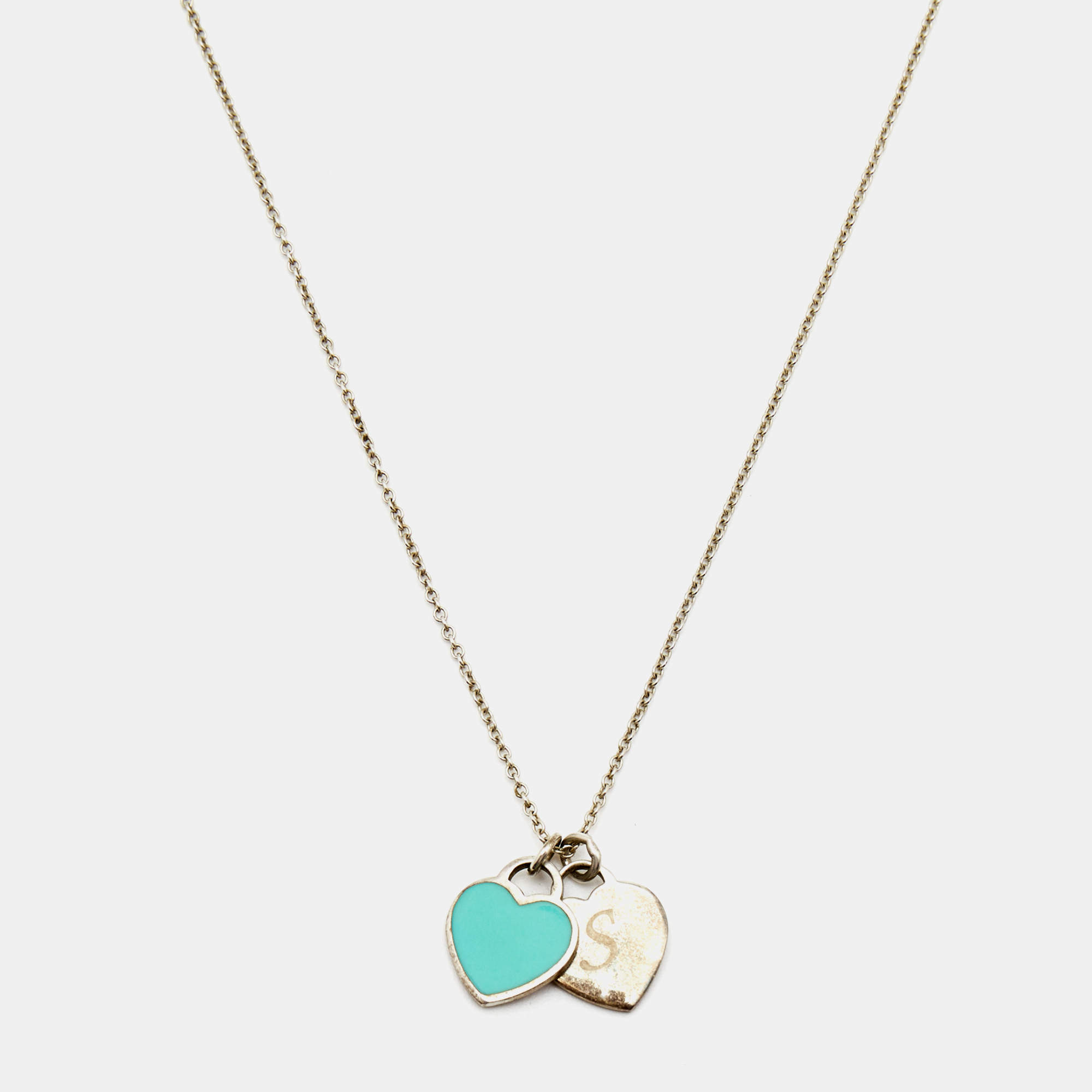 Tiffany & Co. Return to Tiffany Enamel Double Heart Tag Sterling Silver Pendant Necklace