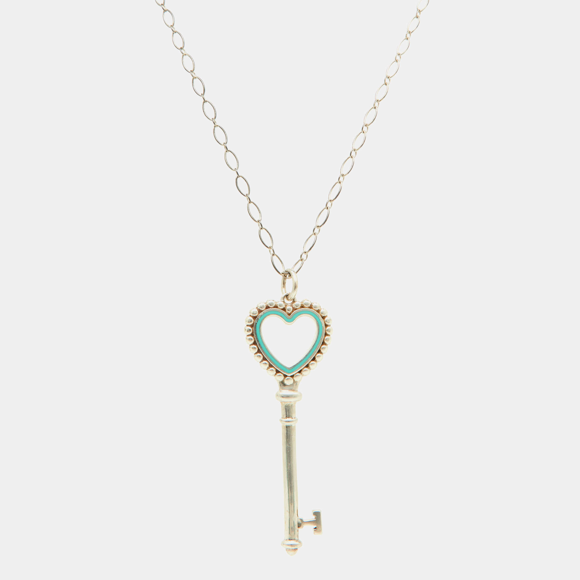 Pre Owned Tiffany & Co. Tiffany Keys Enamel Silver Beaded Heart Key Pendant Necklace