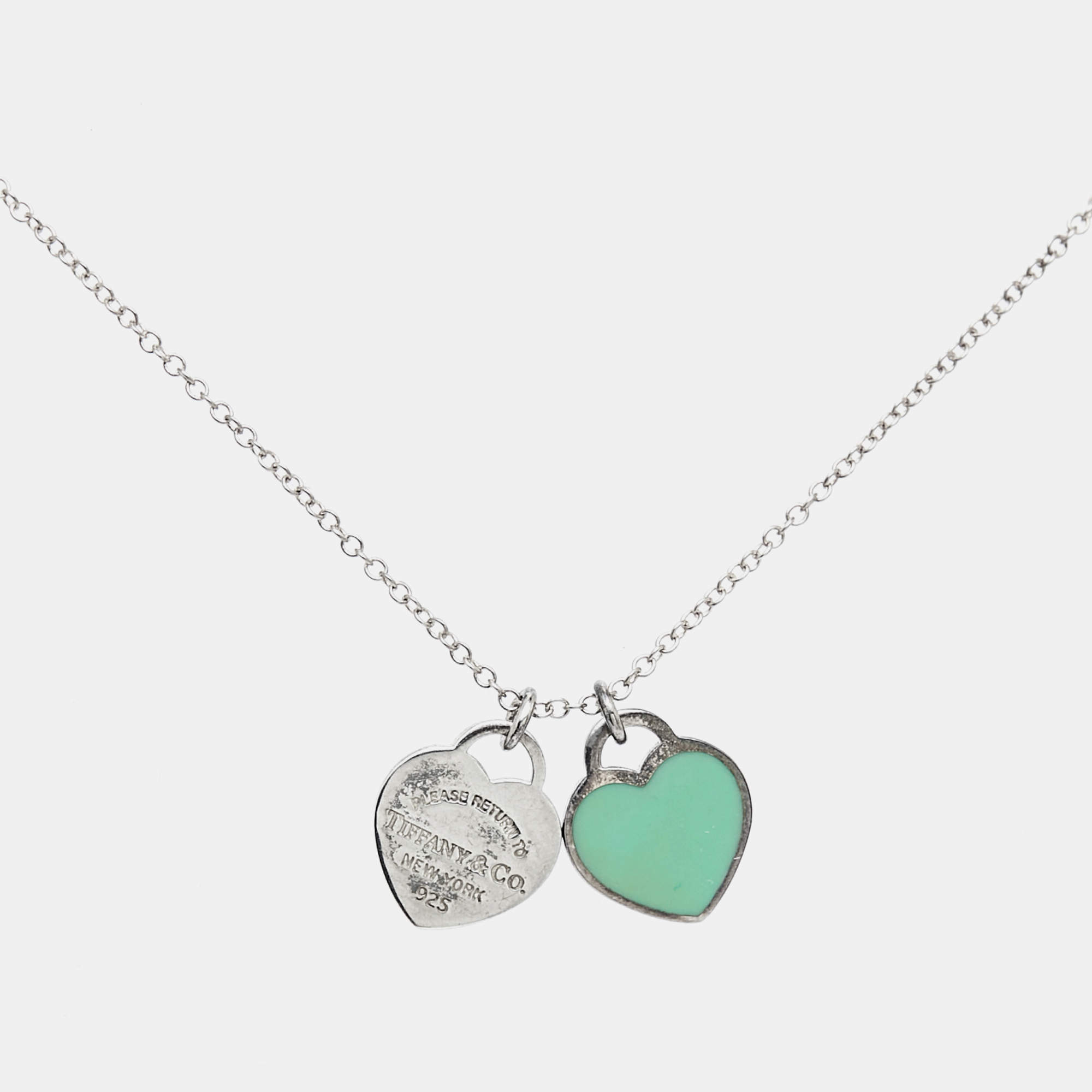 Tiffany & Co. Return To Tiffany Blue Enamel Double Heart Tag Pendant Necklace