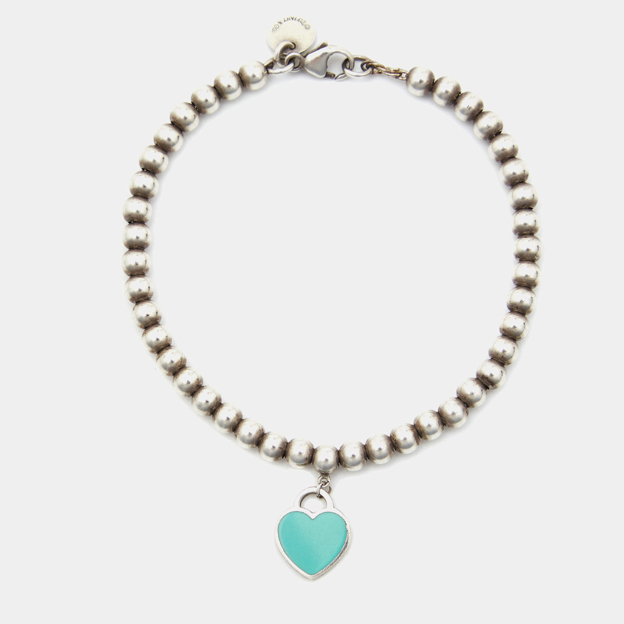 Pre Owned Tiffany & Co. Return To Tiffany Love Heart Tag Enamel Sterling Silver Beaded Bracelet