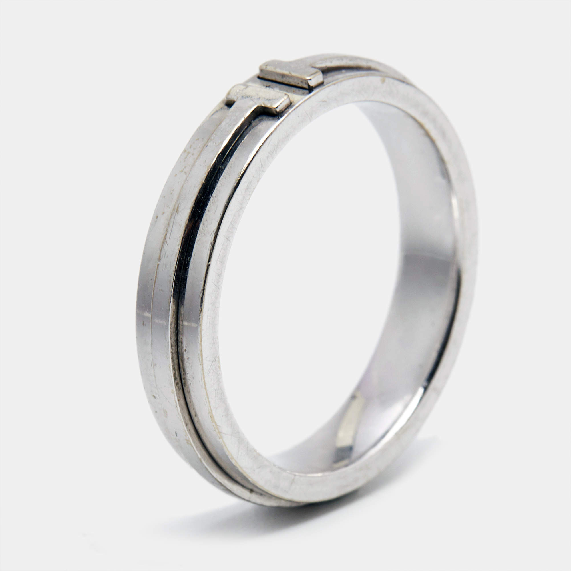 Pre Owned Tiffany & Co. T Narrow Ring 18k White Gold Ring Size 59