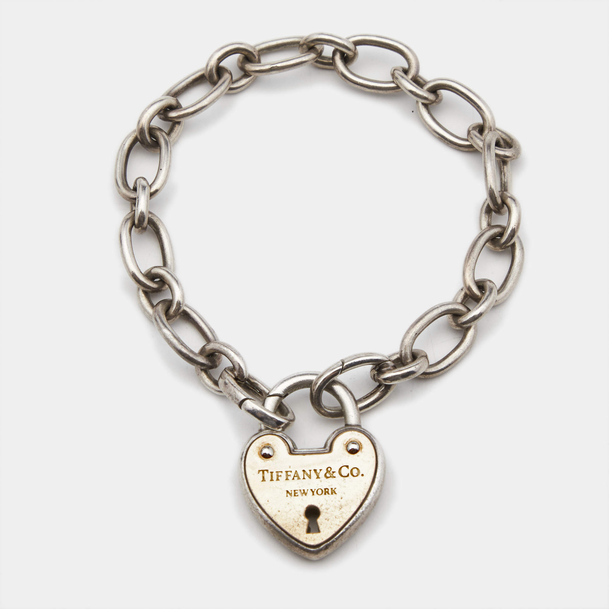 Pre Owned Tiffany & Co. Heart Lock 18k Rose Gold Sterling Silver Charm Bracelet