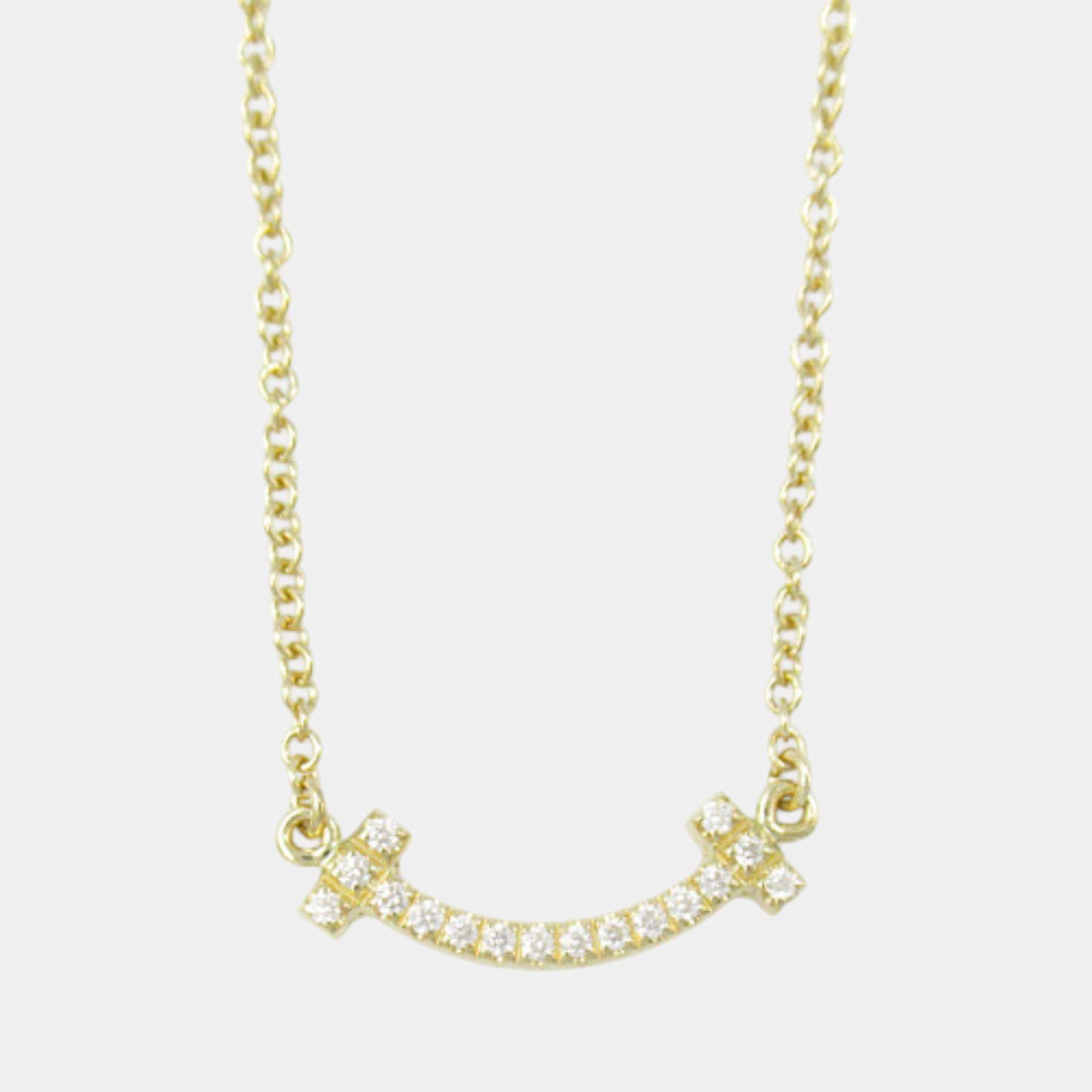 Tiffany & Co. 18k Yellow Gold Diamond T Smile Necklace Clear Metal