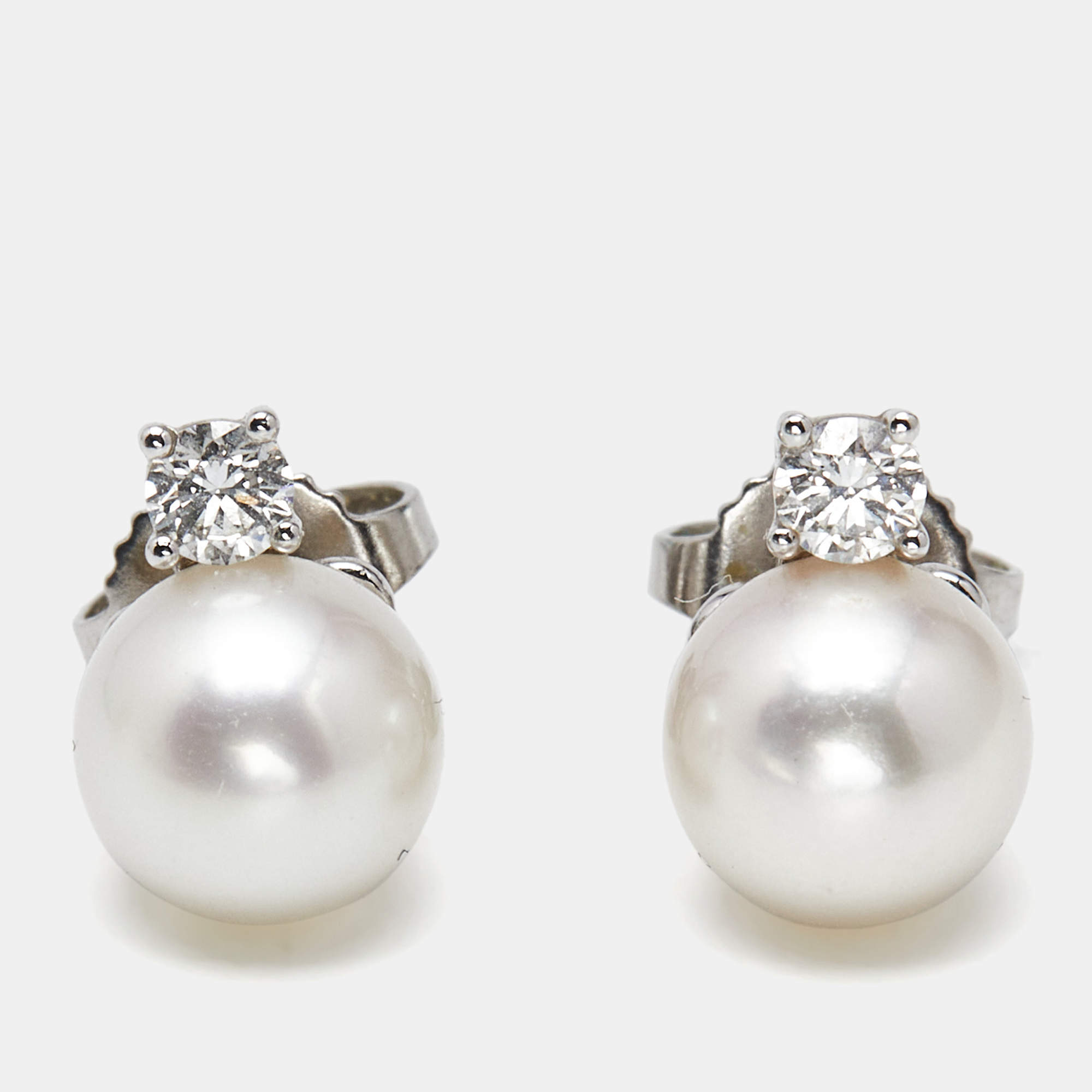 Pre Owned Tiffany & Co. Signature Cultured Pearls Diamonds 18k White Gold Earring