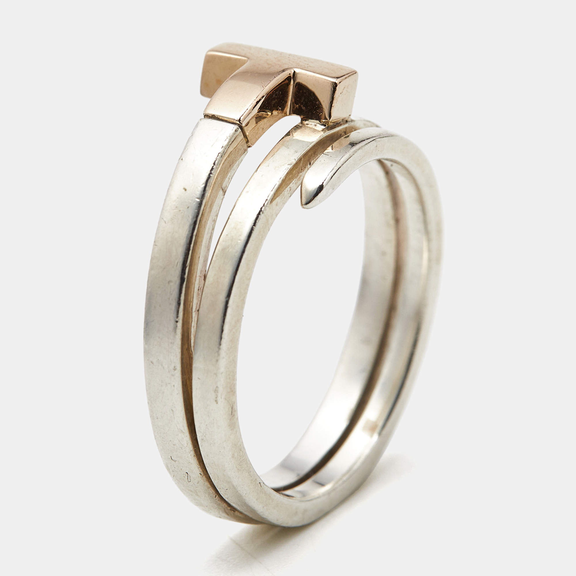 Pre Owned Tiffany & Co. Tiffany T 18k Rose Gold Sterling Silver Ring Size 56