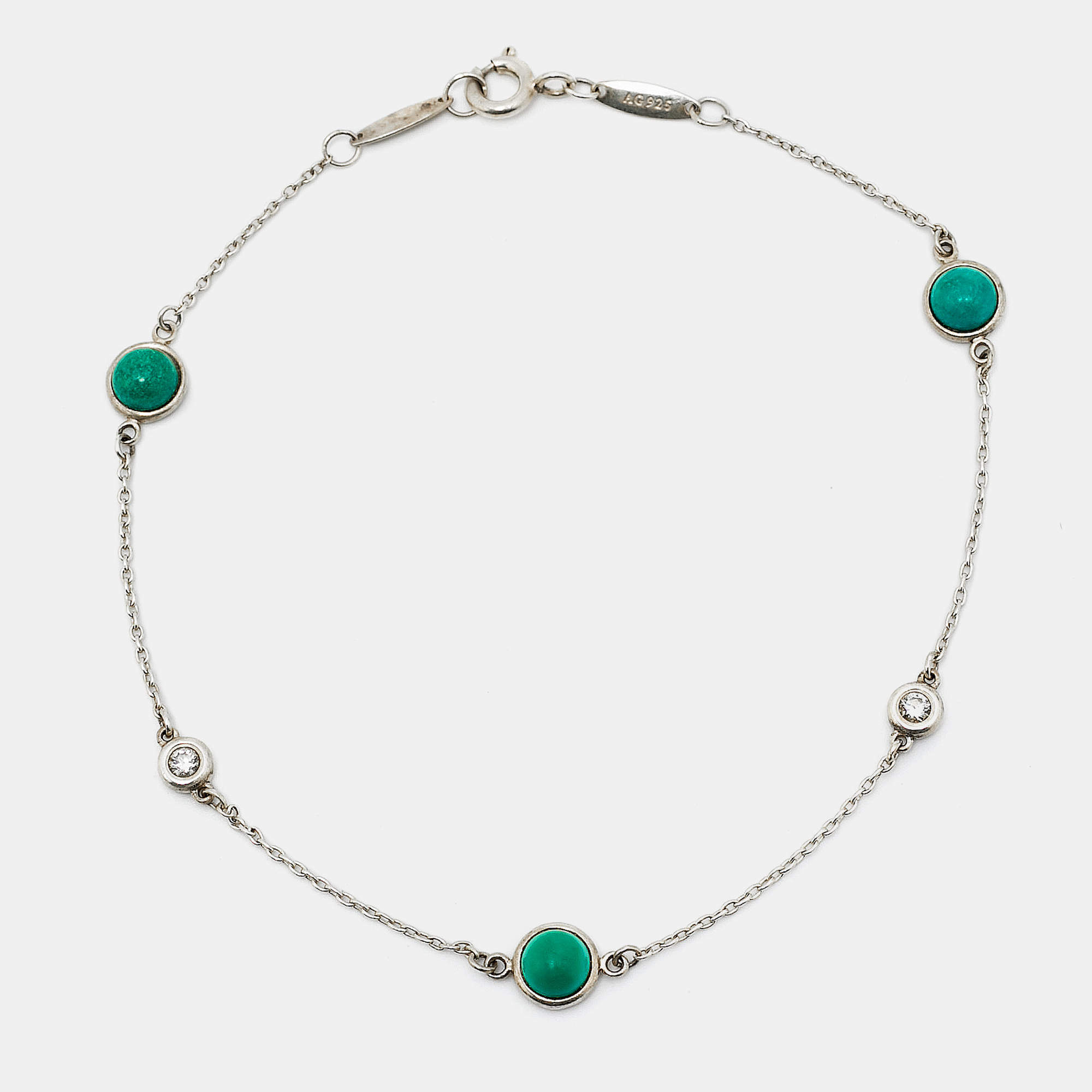 Pre Owned Tiffany & Co. Elsa Peretti Color By the Yard Diamonds Turquoise Sterling Silver Bracelet