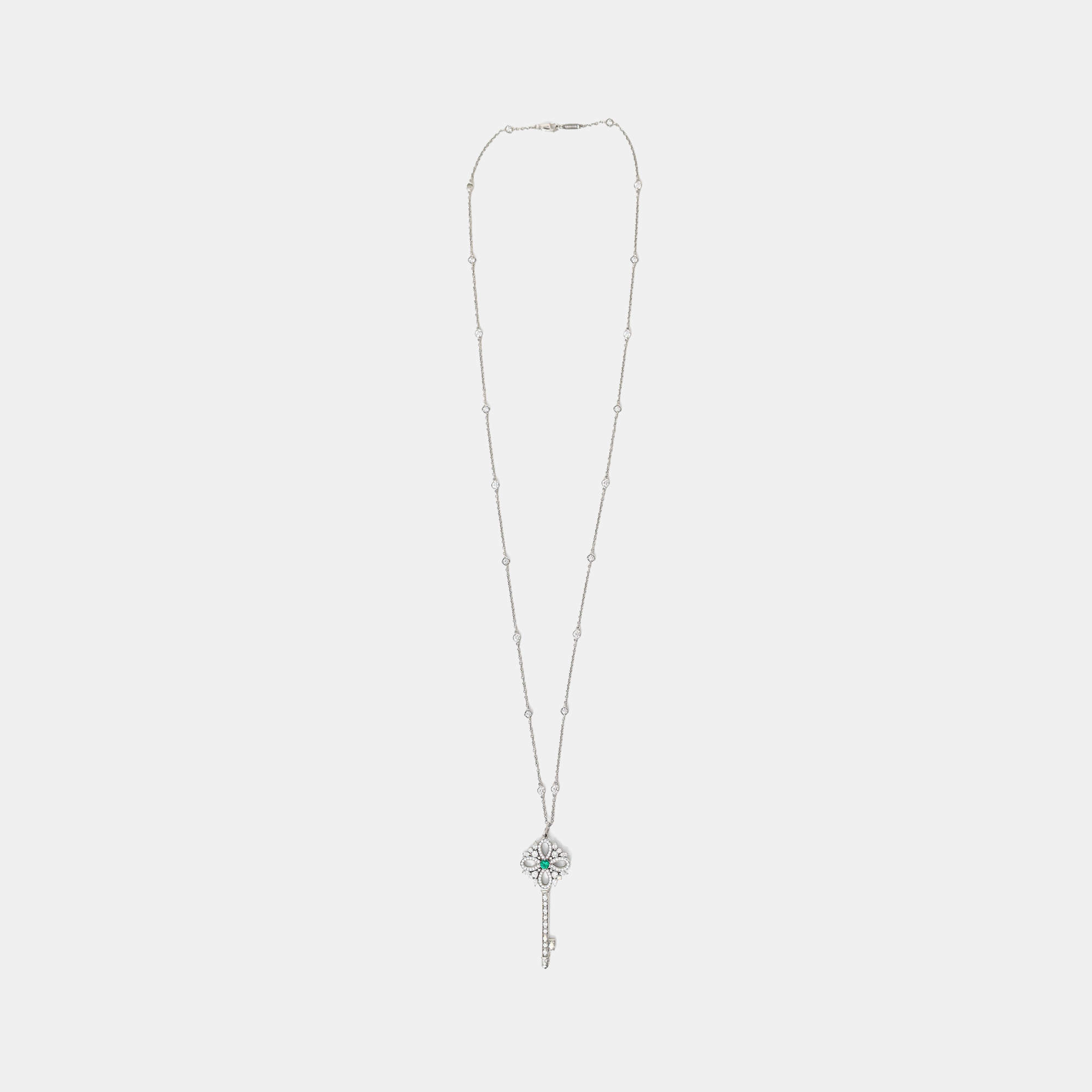 Pre Owned Tiffany & Co. Platinum Diamond Emerald Victoria Key Pendant on Diamond Station Chain