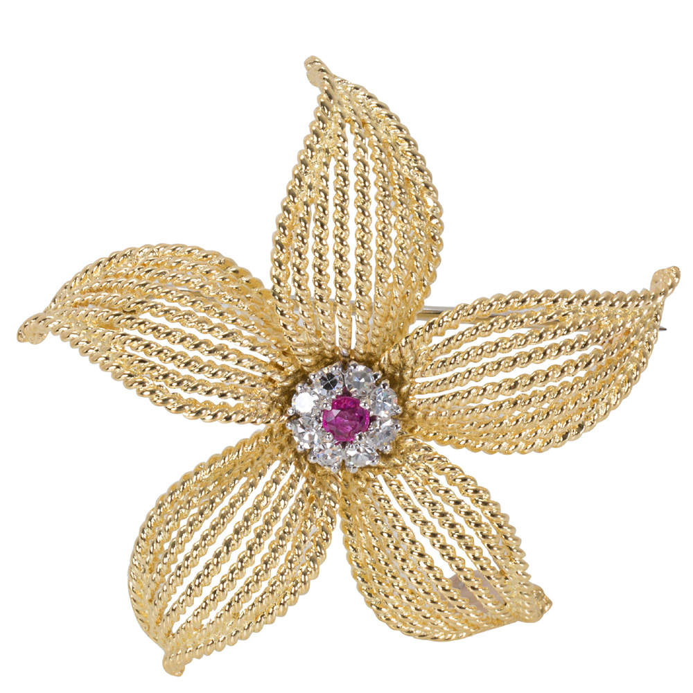 Tiffany & Co. Vintage 0.25 ctw Diamond and Ruby 18K Yellow Gold Flower Pin Brooch