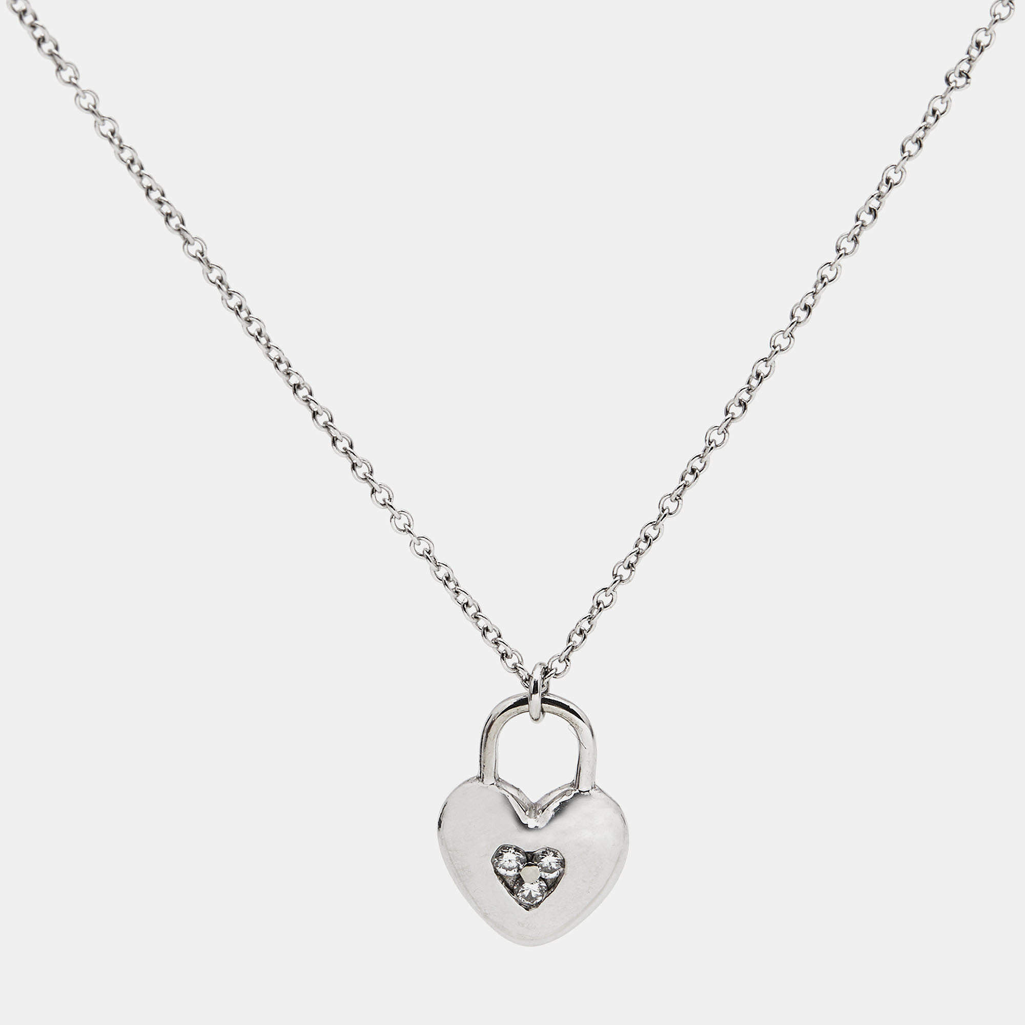 Pre Owned Tiffany & Co. Heart Lock Diamonds 18k White Gold Pendant Necklace