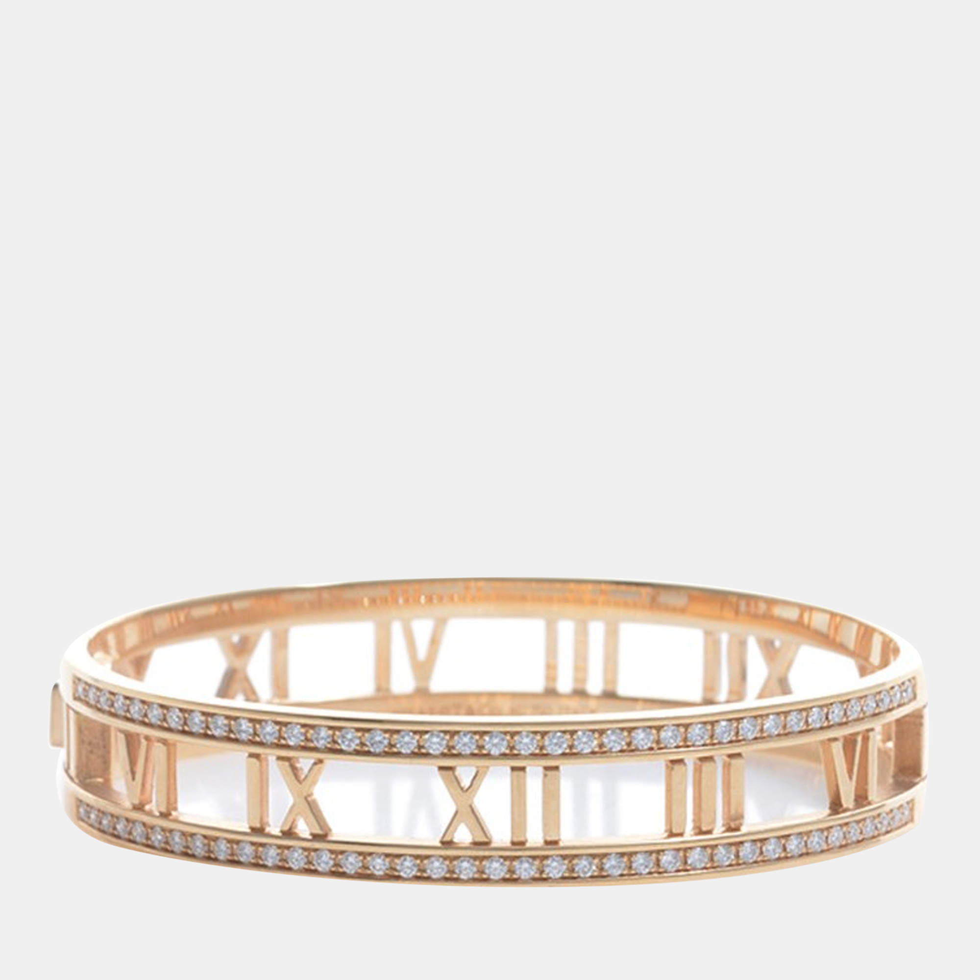 Tiffany & Co. 18k Rose Gold Diamond Bangle Roman Numeral 6mm Wide  7.5in.Bracelet