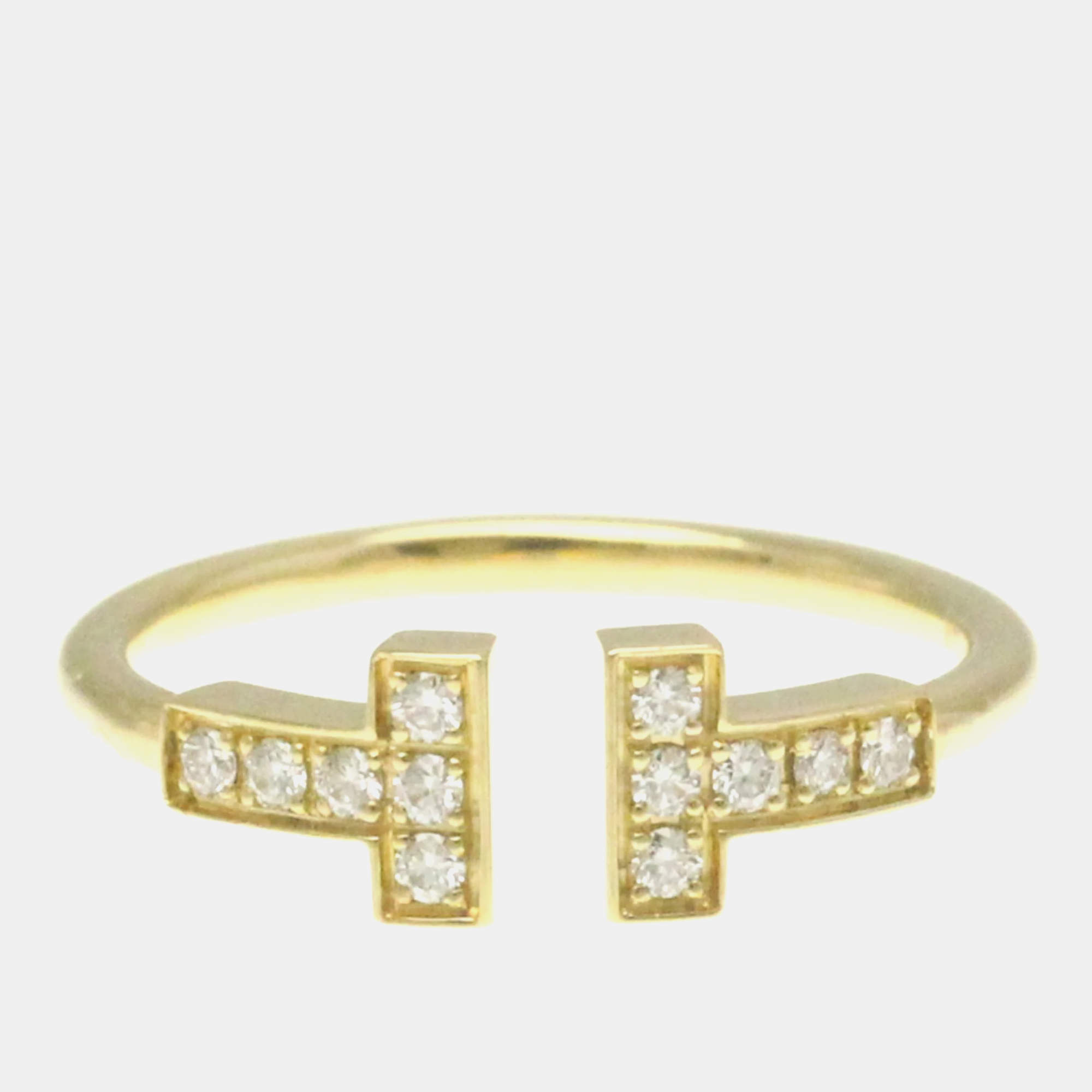 Pre Owned Tiffany & Co. 18K Yellow Gold and Diamond T Wire Ring EU 53