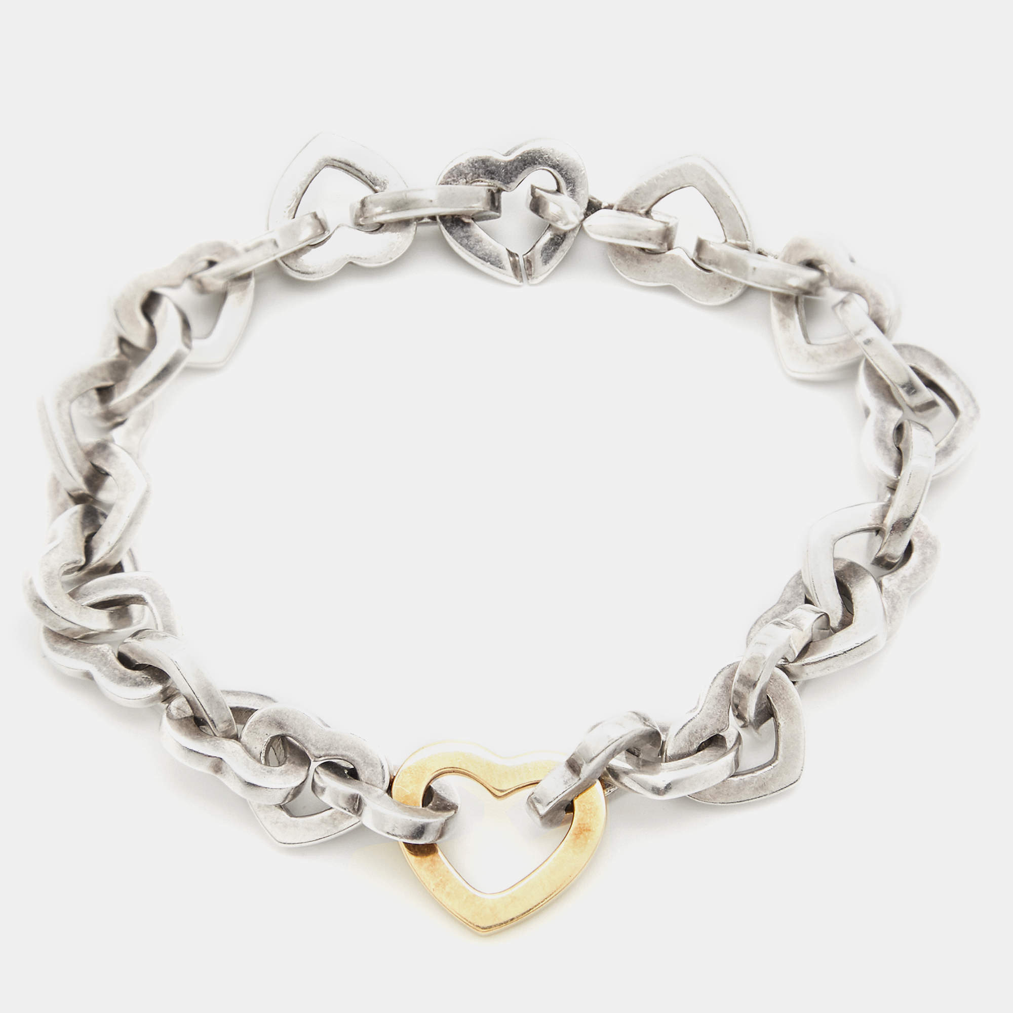 Pre Owned Tiffany & Co. Heart Link Sterling Silver 18k Yellow Gold  Bracelet