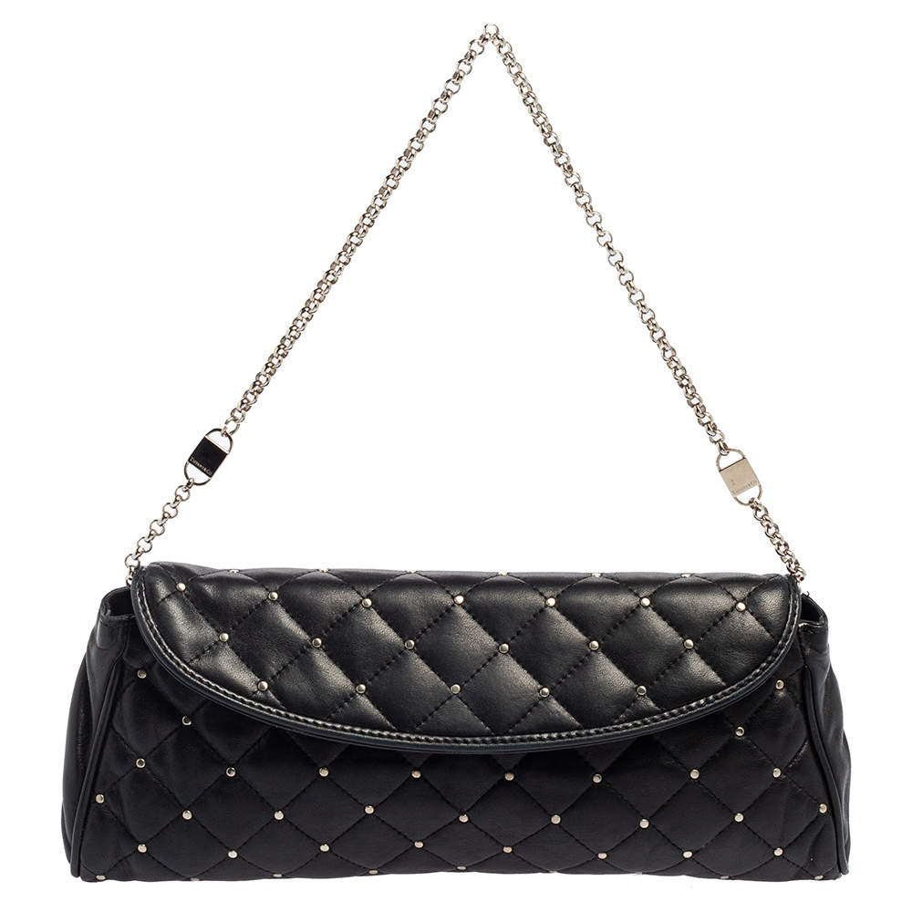 Pre Owned Tiffany & Co. Black Quilted Leather Studded Chain Clutch