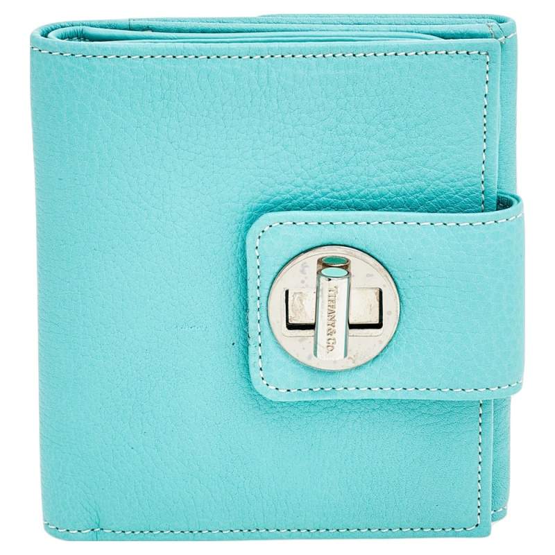 Pre Owned Tiffany & Co. Turquoise Leather Turnlock Wallet