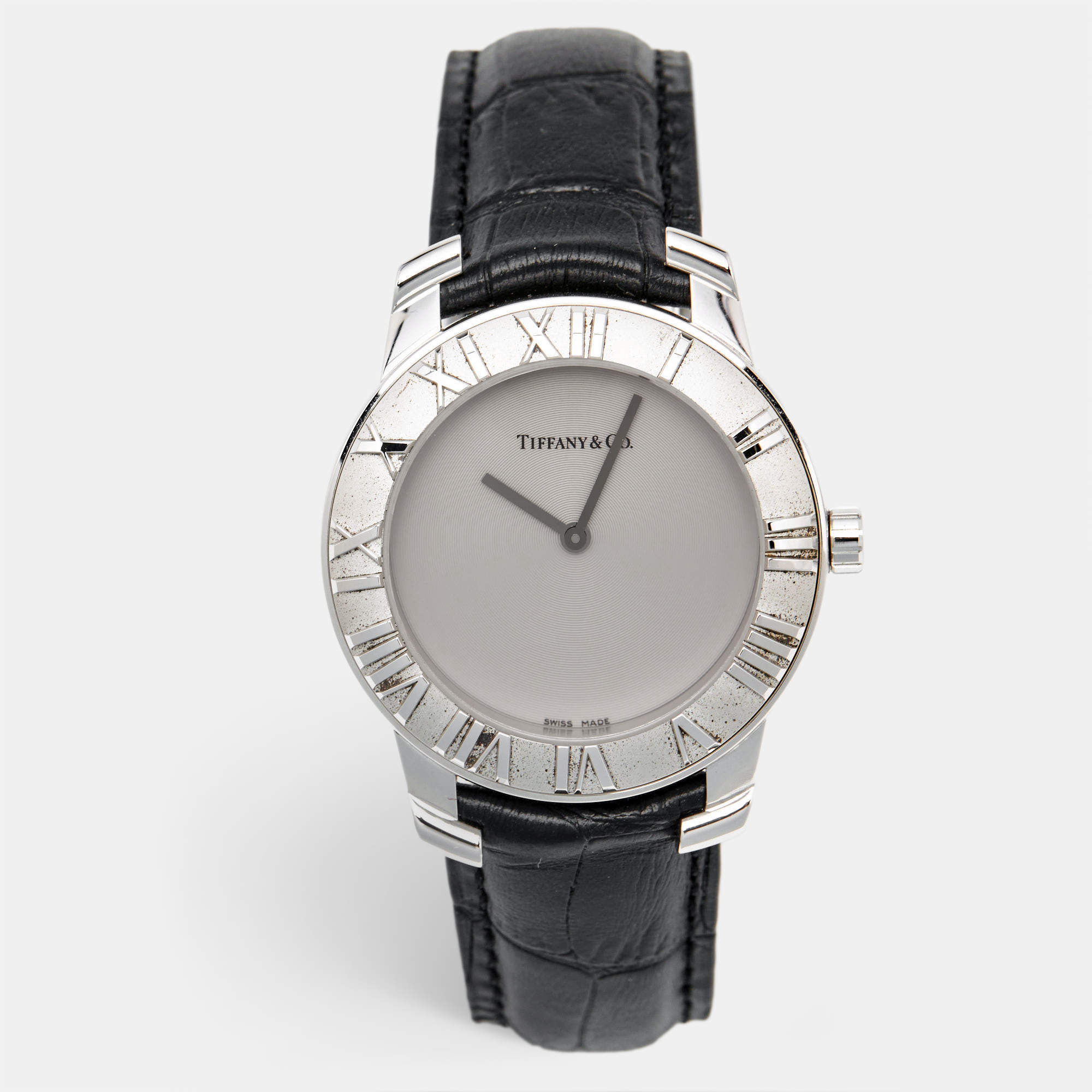 Tiffany & Co. Grey Sterling Silver Embossed Leather Atlas Women's Wristwatch 37 mm