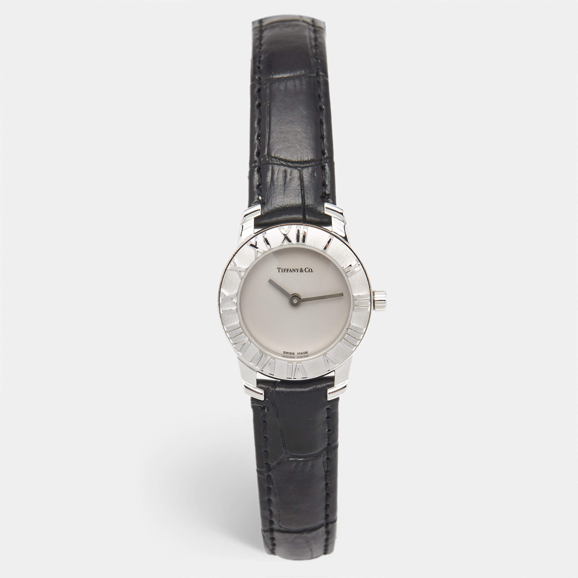 Tiffany & Co. Grey Sterling Silver Embossed Leather Atlas Women's Wristwatch 25 mm