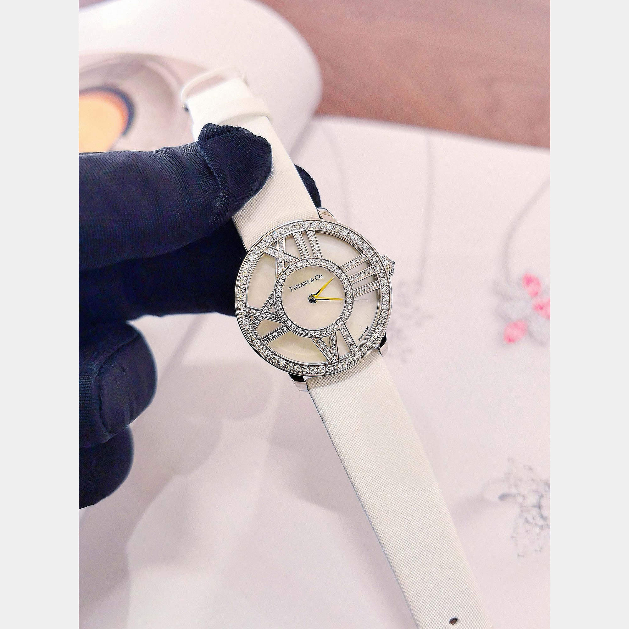 Pre Owned Tiffany Atlas  Quartz Watch White Gold Diamond Bezel 30 mm