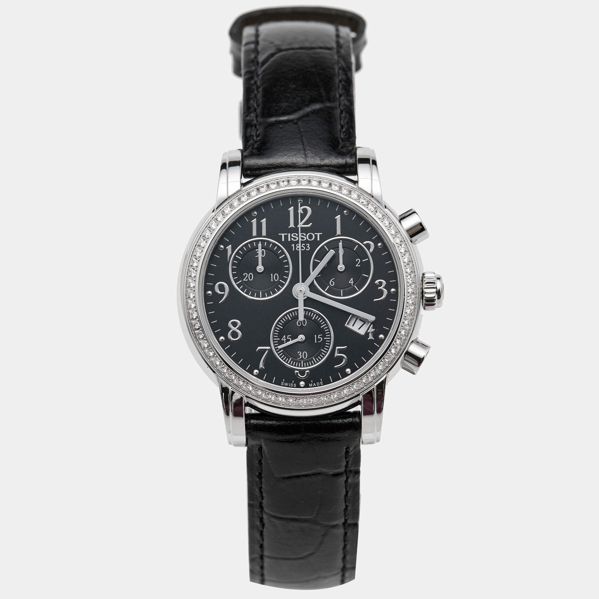 Tissot Black Stainless Steel Diamond Leather Dressport T050.217.16.052.01 Women's Wristwatch 35 mm