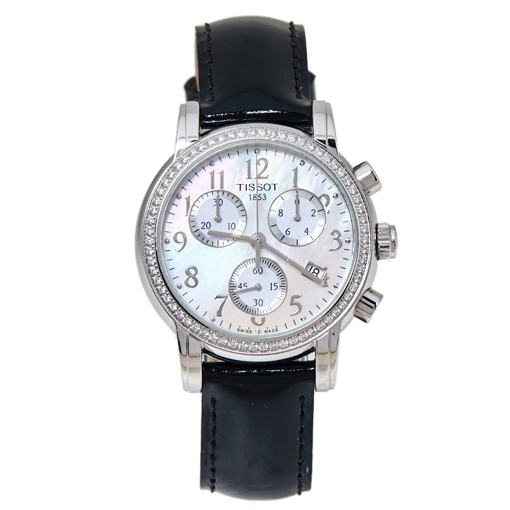 Pre Owned Tissot Mother Of Pearl Stainless Steel & Leather Diamond Dressport T050.217.16.112.01 Women's Wristwatch 35 mm