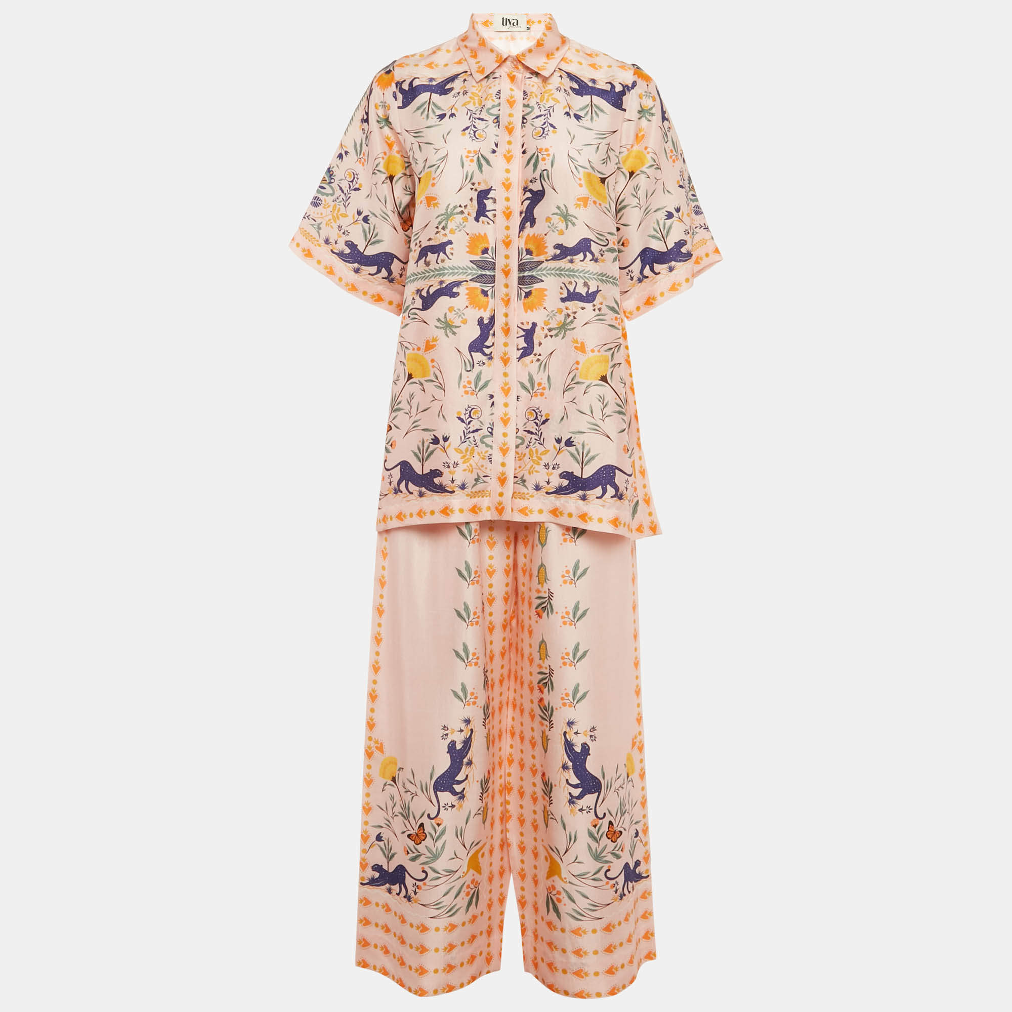 Pre Owned Tiya by Sania Maskatiya Pink Printed Raw Silk Ally Co-Ord Set M