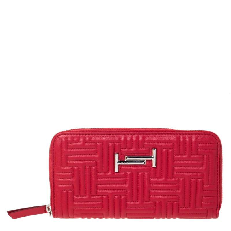 Tod's Red Leather Zip Around Continental Wallet