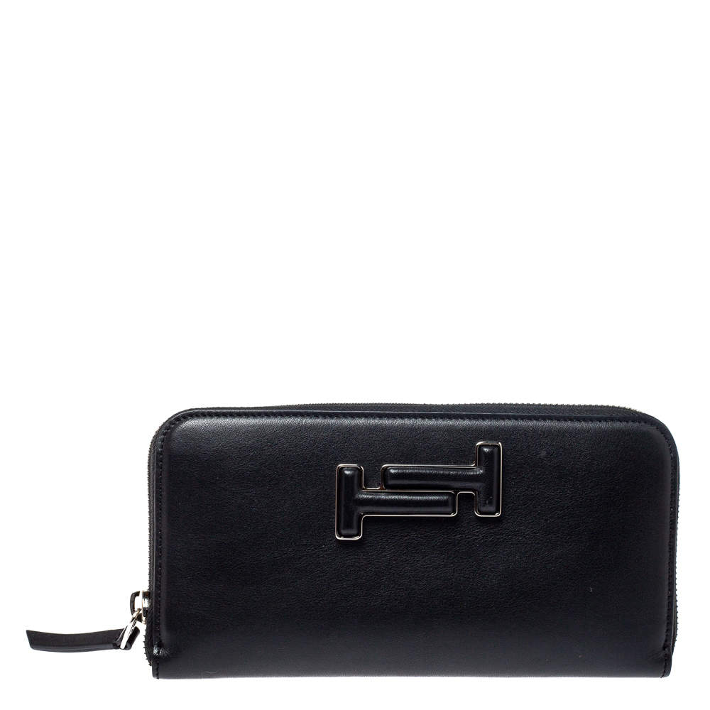 Pre Owned Tod's Black Leather Double T Zip Around Continental Wallet