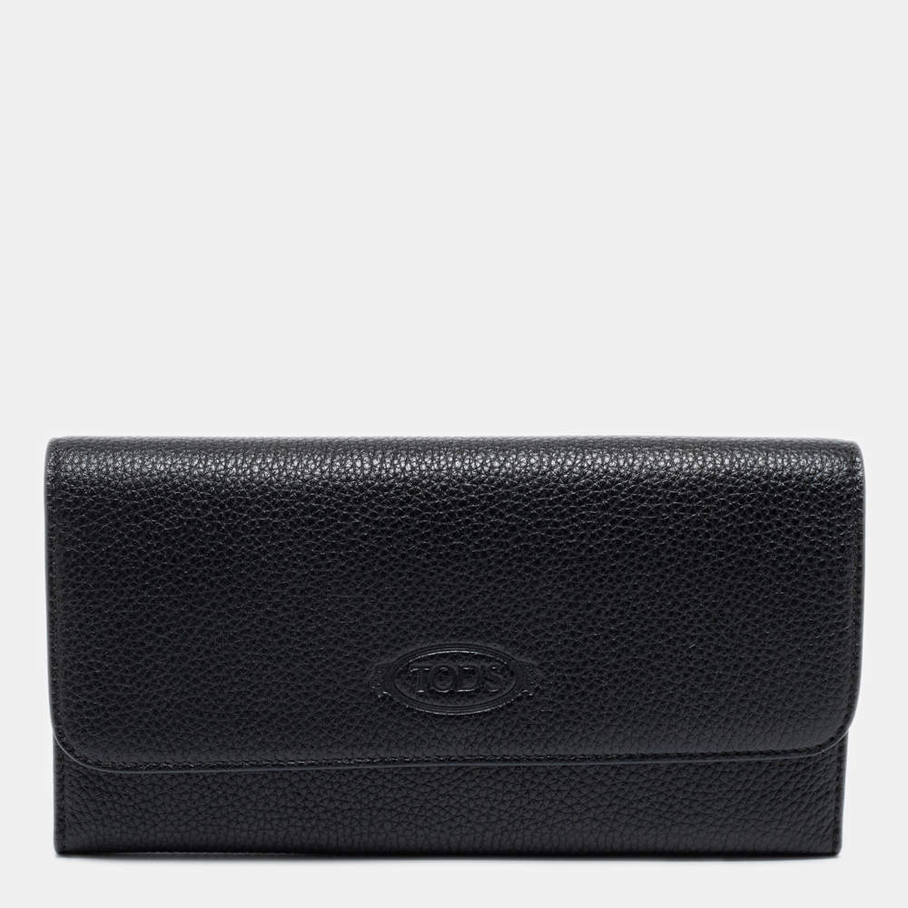Pre Owned Tod's Black Leather Logo Flap Wallet 