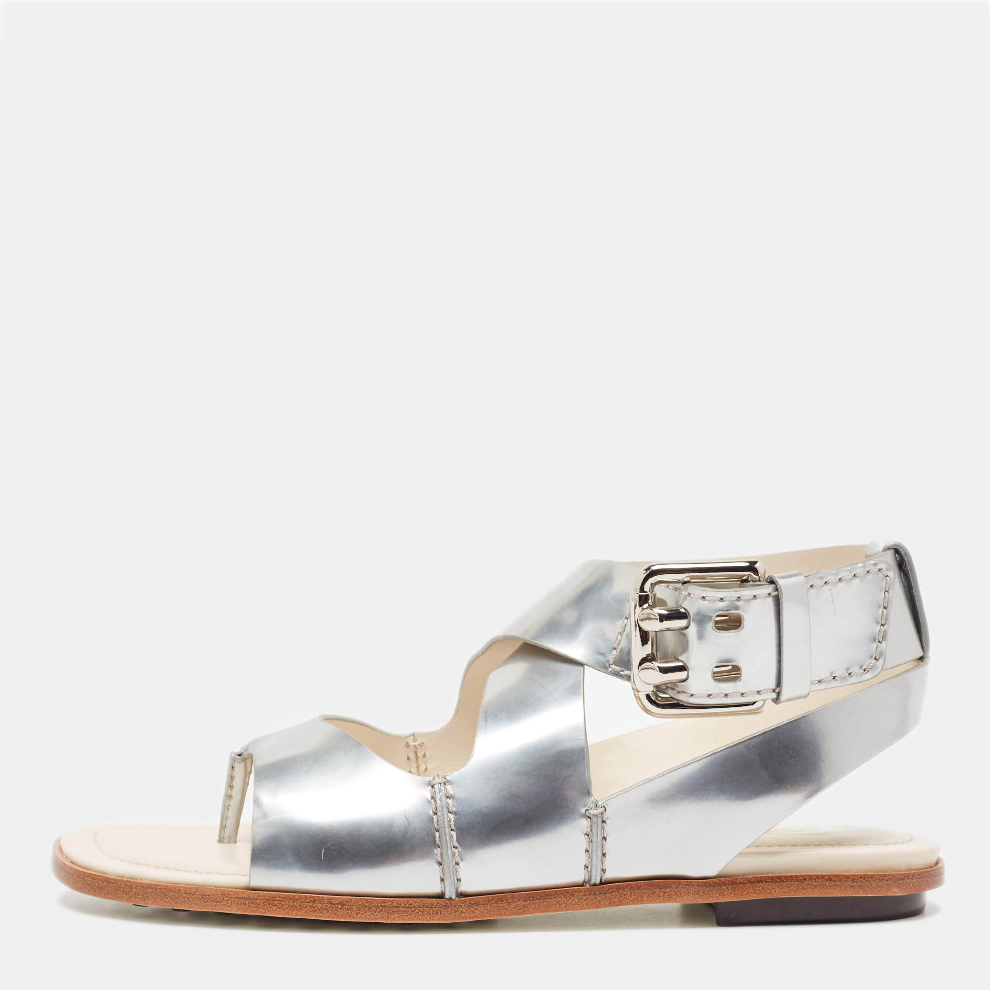 Tod's Silver Leather Buckle Ankle Strap Flat Sandals Size 37