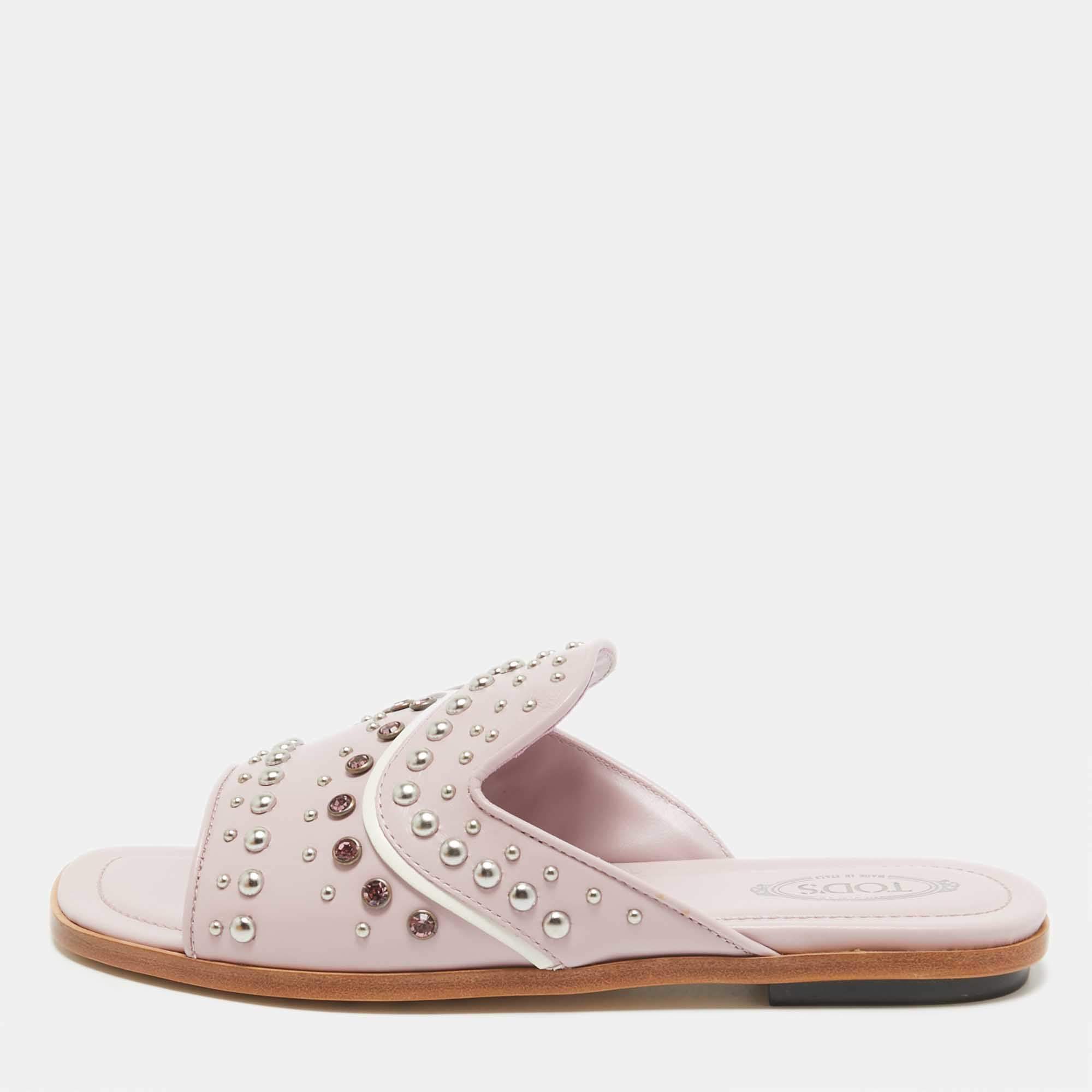 Tod's Purple Leather Crystal Embellished Flat Slides Size 37.5