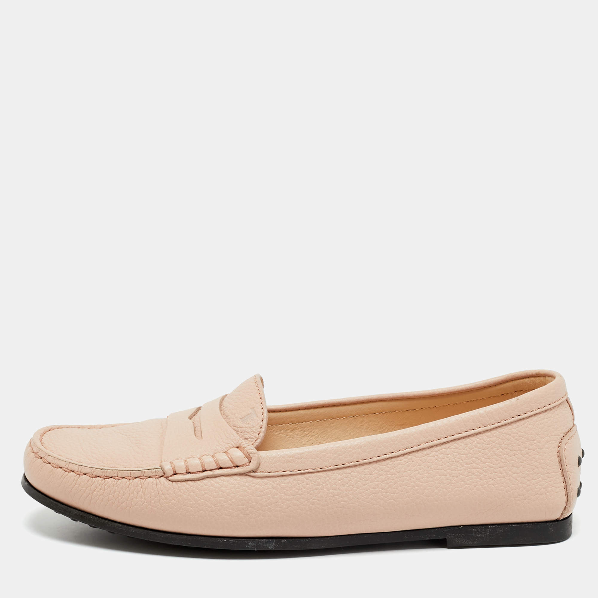 Pre Owned Tod's Pink Leather Gommino Driver Loafers Size 37.5