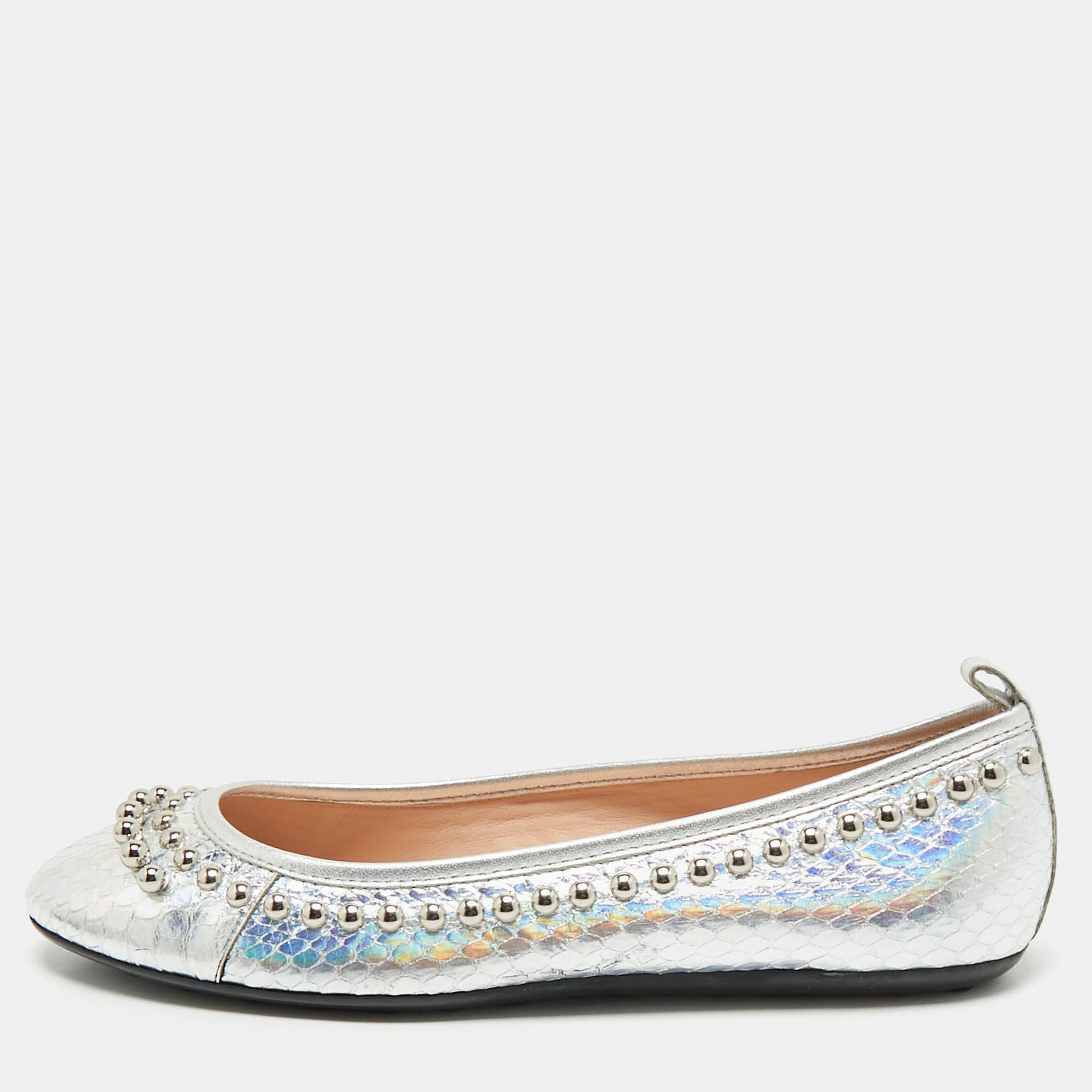 Tod's Silver Python Embossed Leather Studded Ballet Flats Size 35.5