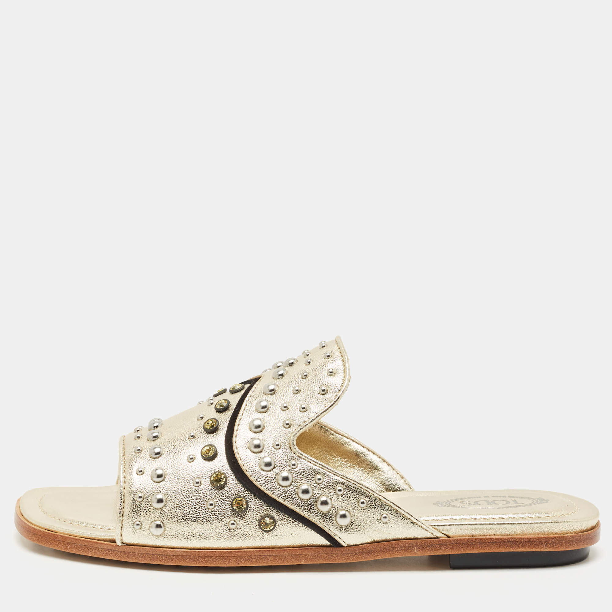 Pre Owned Tod's Gold Leather Studded Embellished Flat Slides Size 37.5