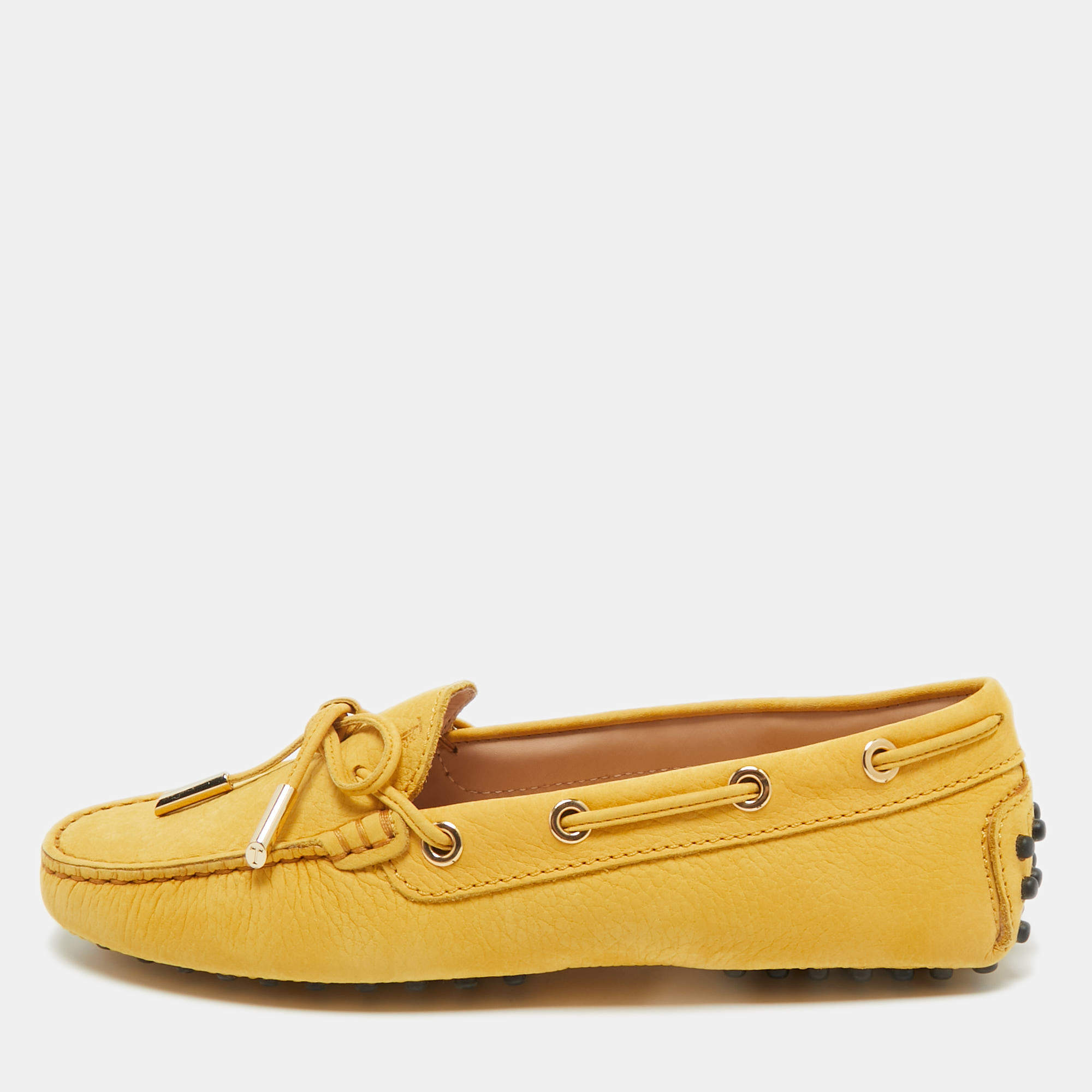 Pre Owned Tod's Yellow Nubuck Leather Gommino Penny Loafers Size 35