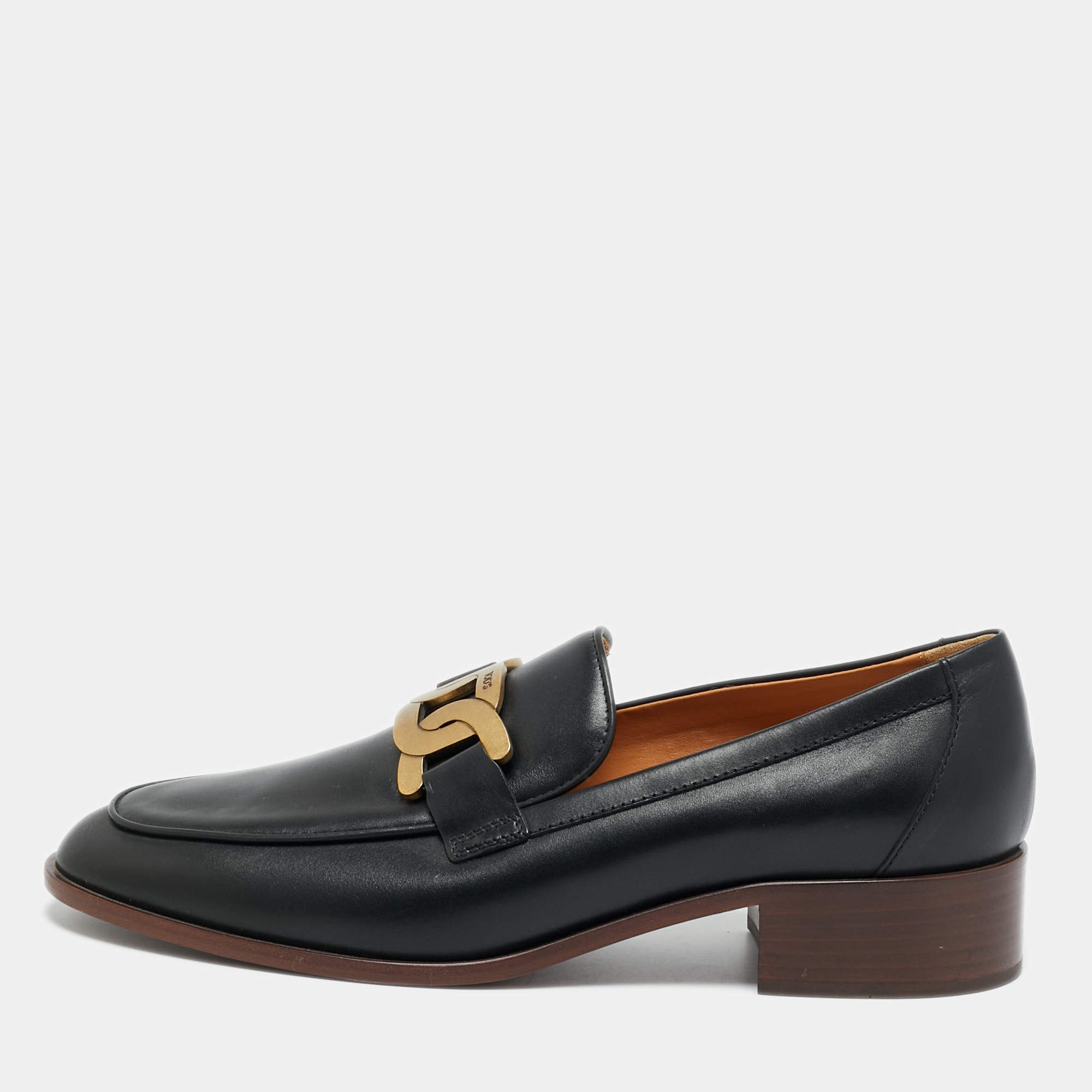 مملوكة مسبقًا Tod's Size 41 Black Leather Chain Link Detail Slip On Loafers