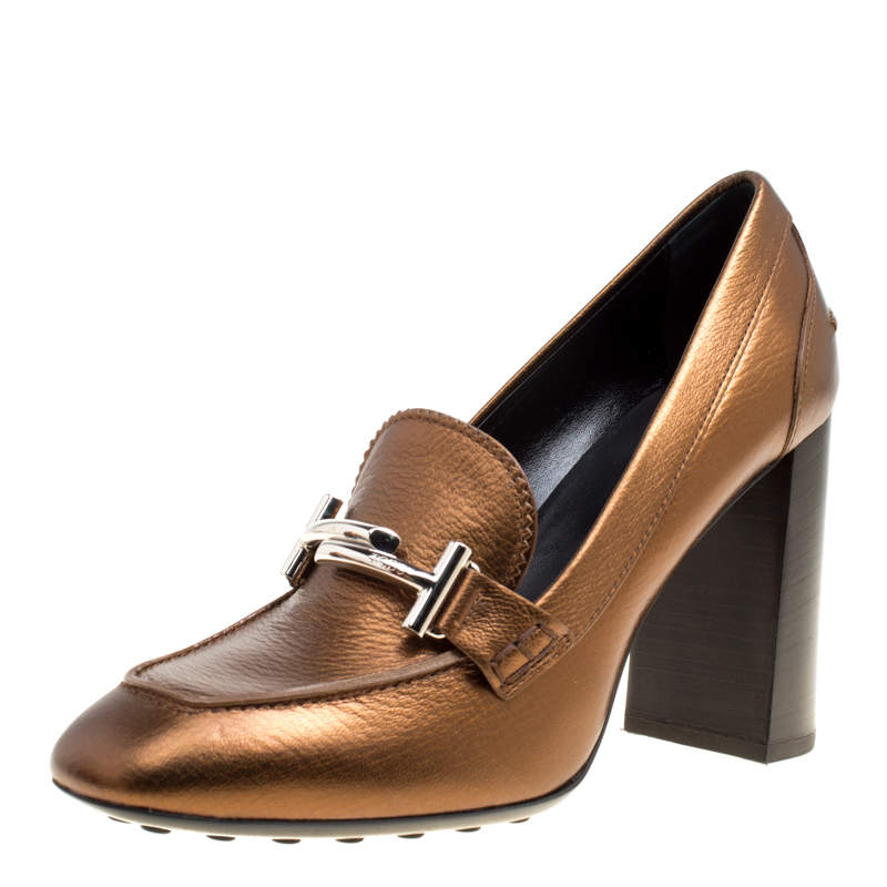 Tod's Metallic Bronze Leather Gomma Maxi Double T Court Loafer Pumps ...
