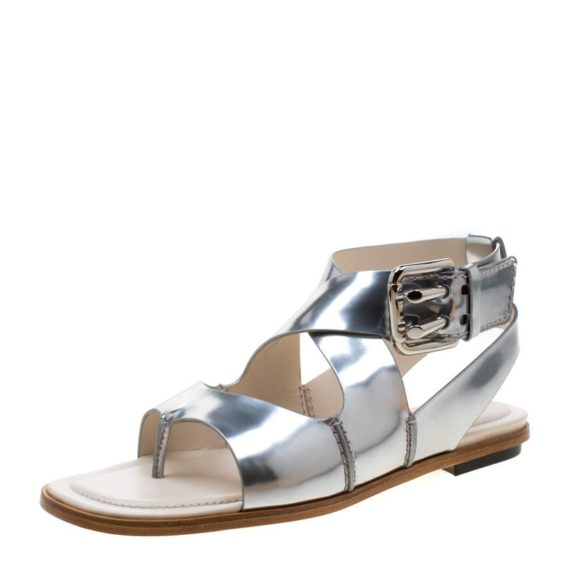 Tod's Metallic Silver Leather Cross Strap Flat Sandals Size 37.5