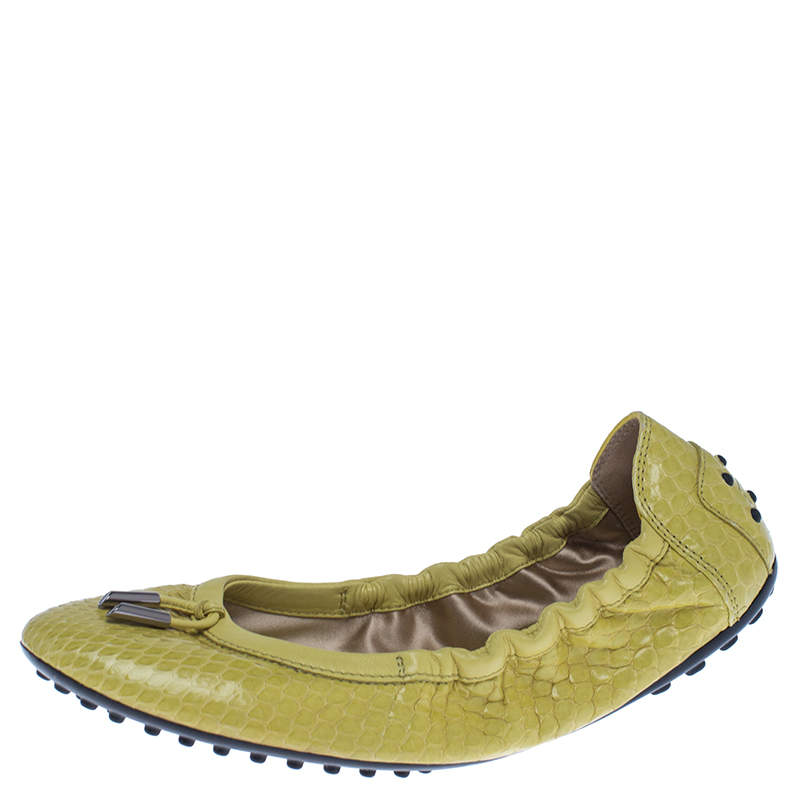 Tod's Yellow Python Leather Scrunch Ballet Flats Size 38.5
