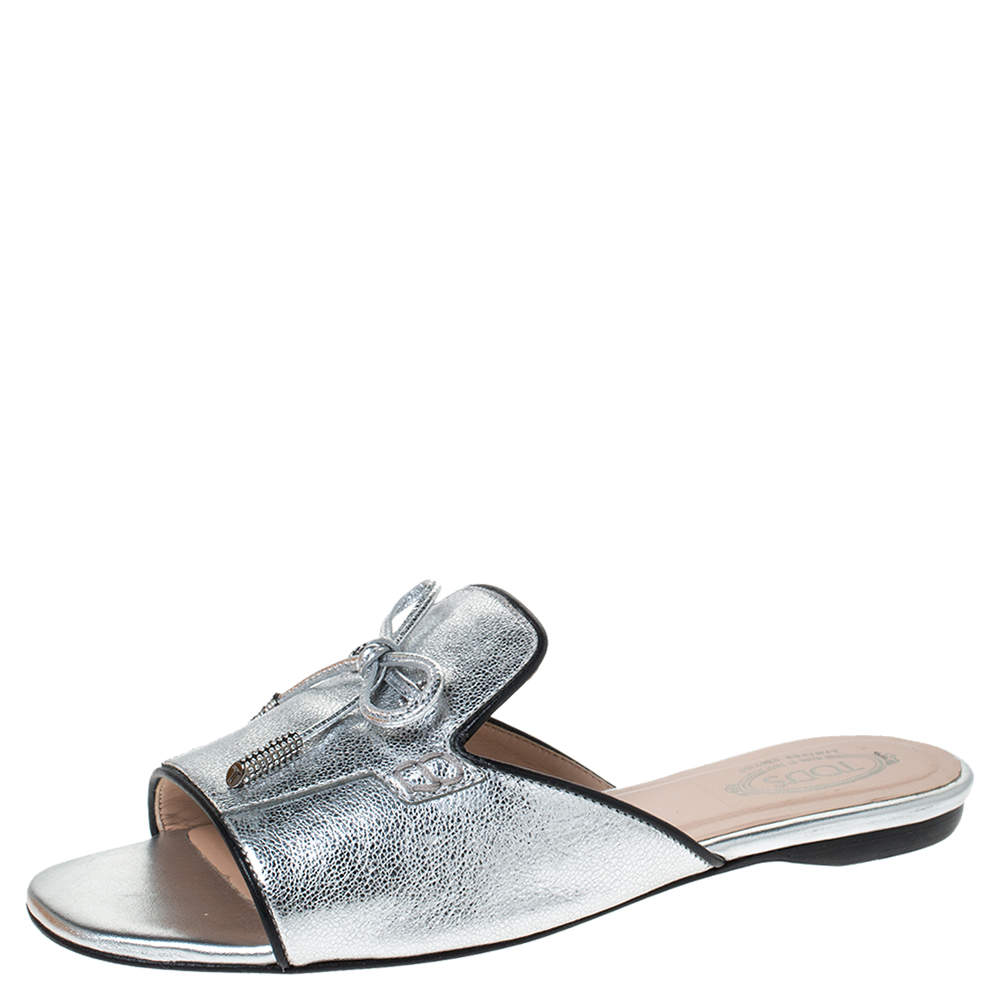 Pre Owned Tod's Metallic Leather Open Toe Flat Slides Size 36