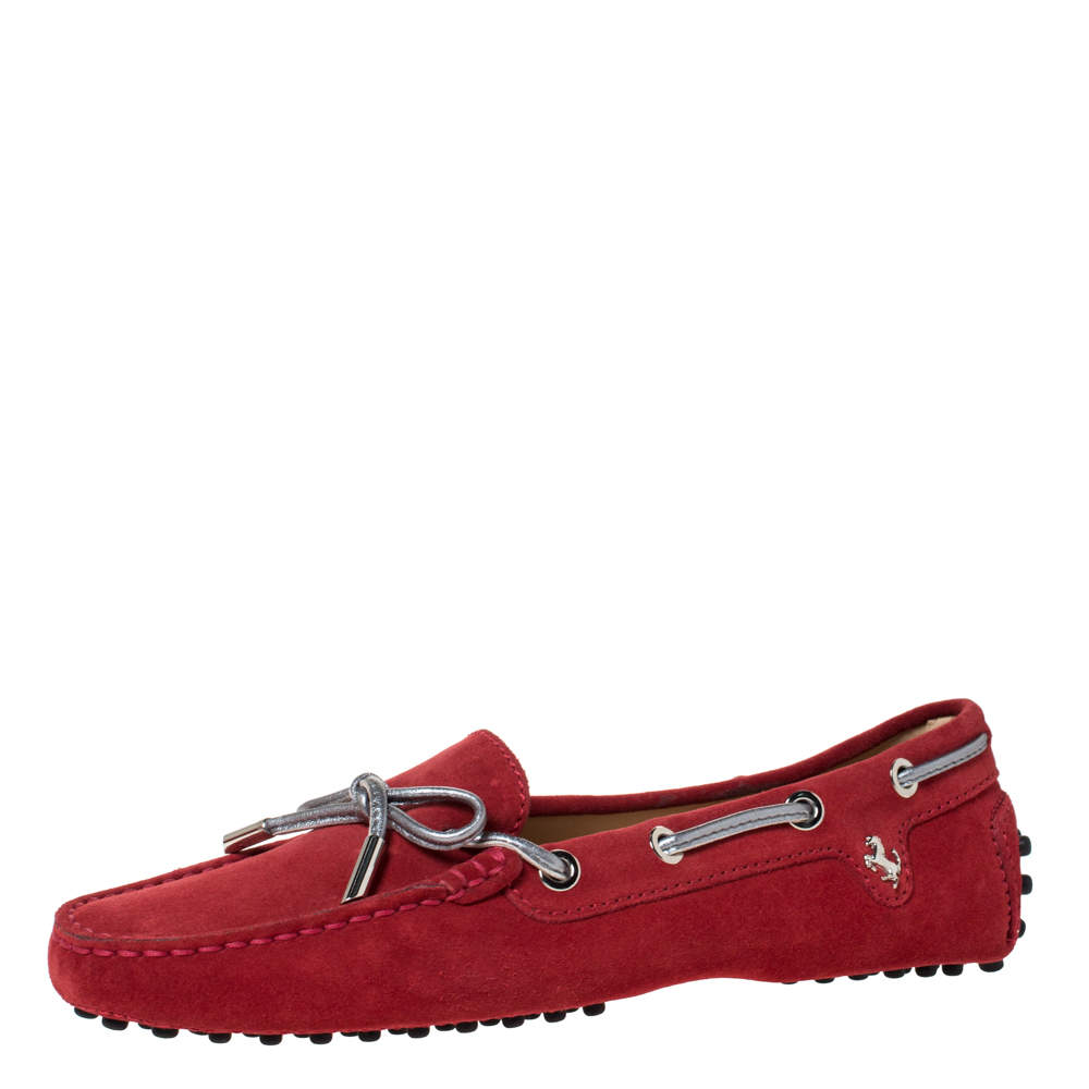 Tod's For Ferrari Red Suede Leather Bow Slip On Loafers Size 36
