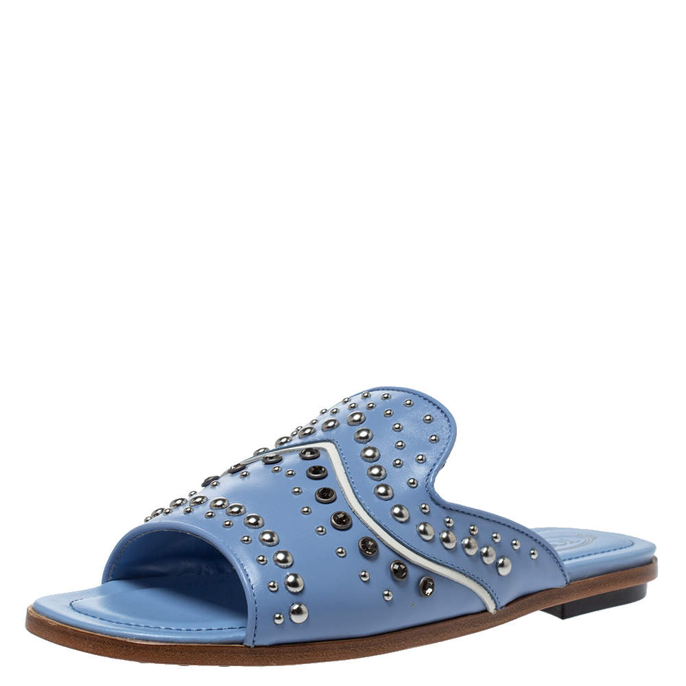 Tod's Blue Leather Studded Flat Slides Size 37