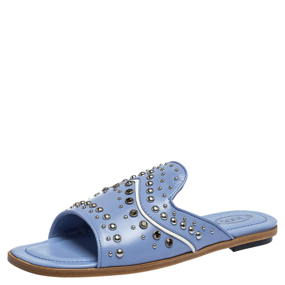 Pre Owned Tod's Blue Leather Studded Flat Slides Size 37.5