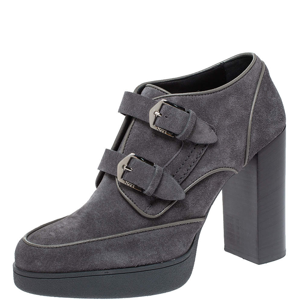 مملوكة مسبقًا Tod's Grey Suede Leather Platform Block Heel Ankle Booties Size 40