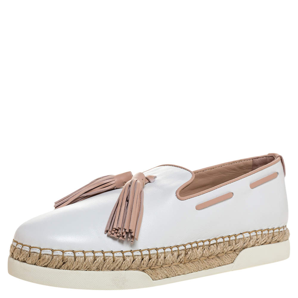 Tod's White Leather Tassel Detail Espadrille Loafers Size 37