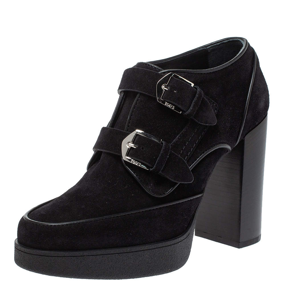 Pre Owned Tod's Black Suede Double Buckle Platform Booties Size 37